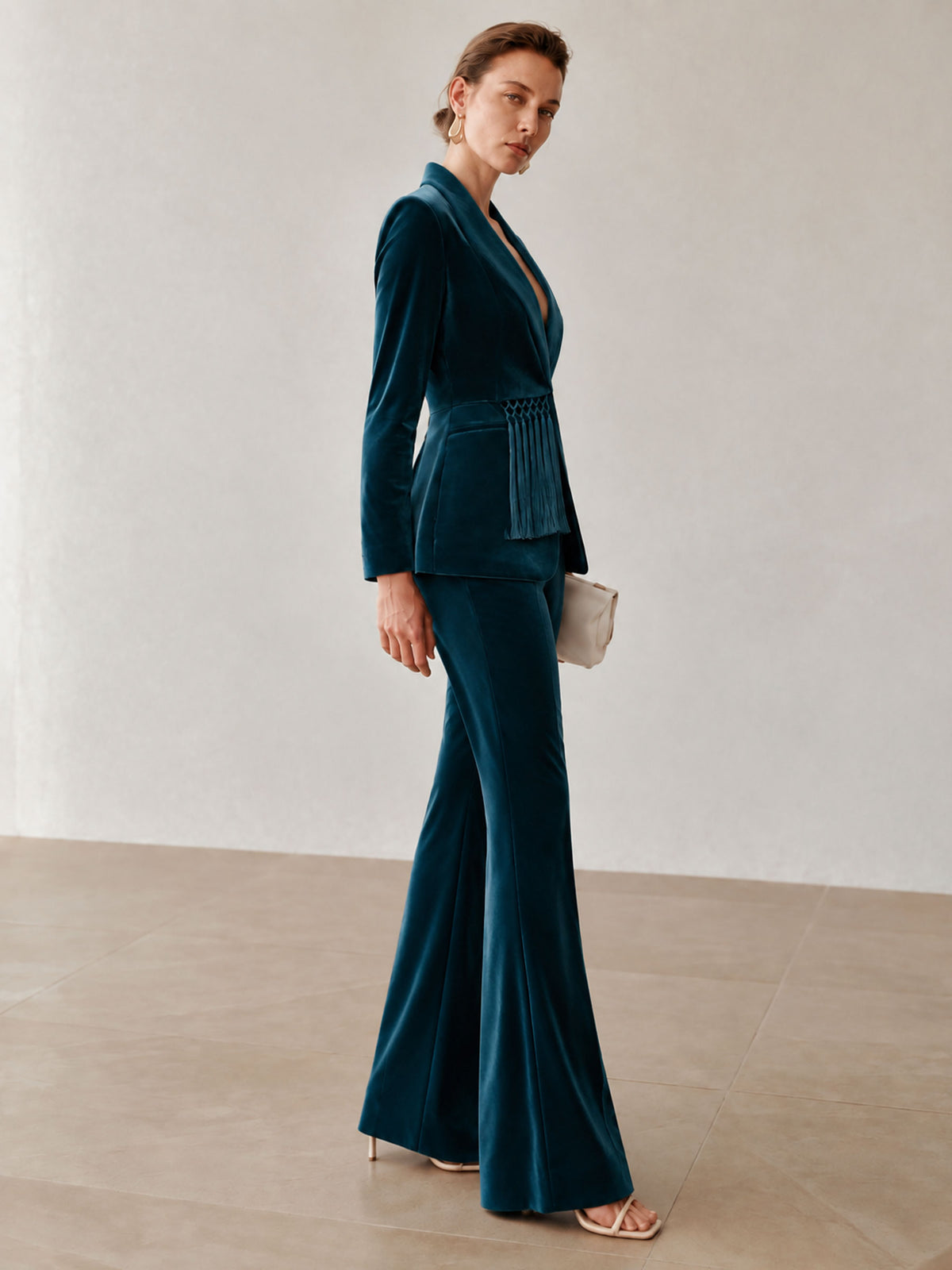 Peacock Blue Velvet Asymmetrical Lapel Tassel Blazer & Wide Leg Pants 2-Piece Suit