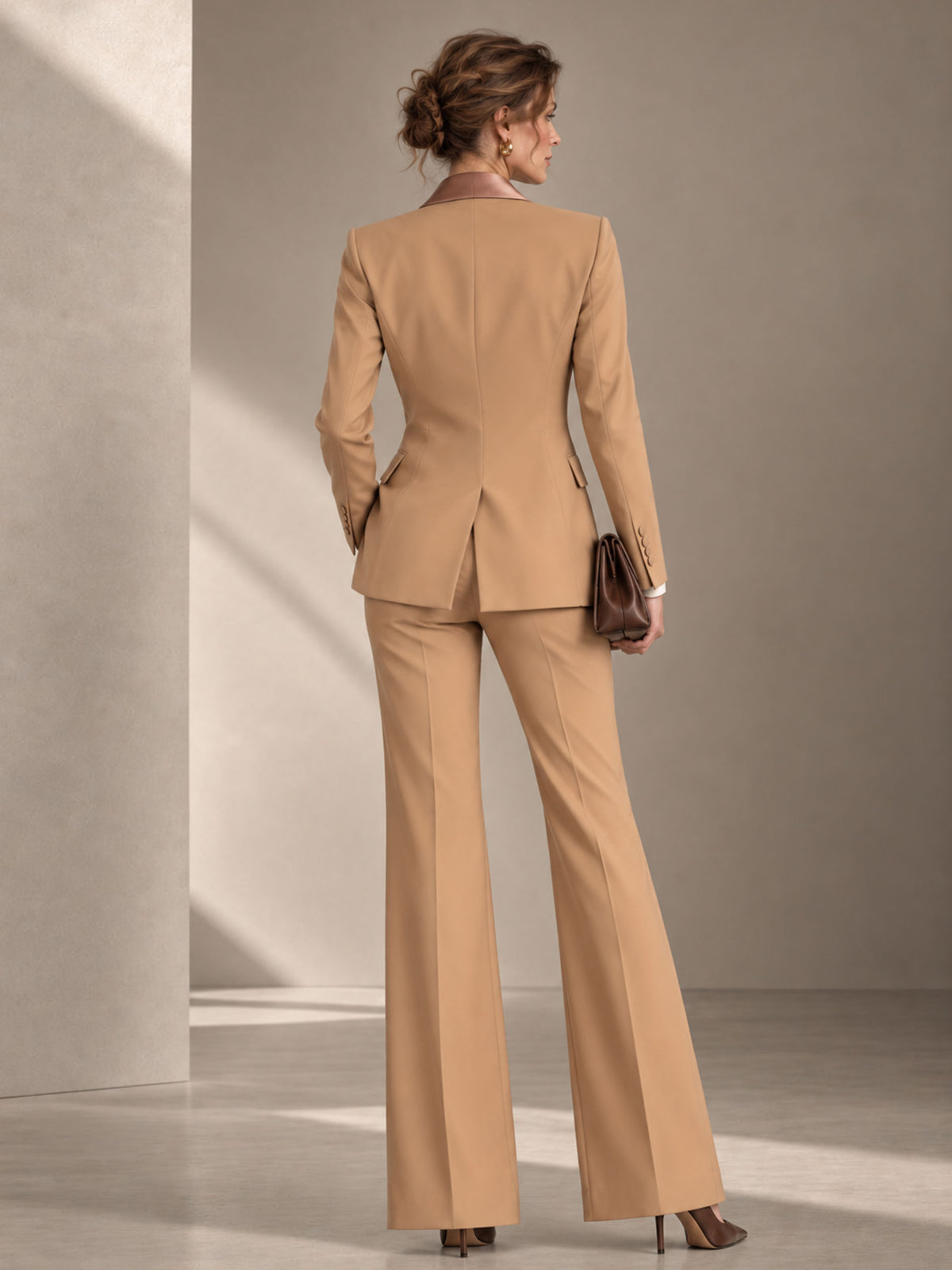Nude Orange Shawl Collar One Button Asymmetrical Placket Blazer & Straight Leg 2-Piece Suit