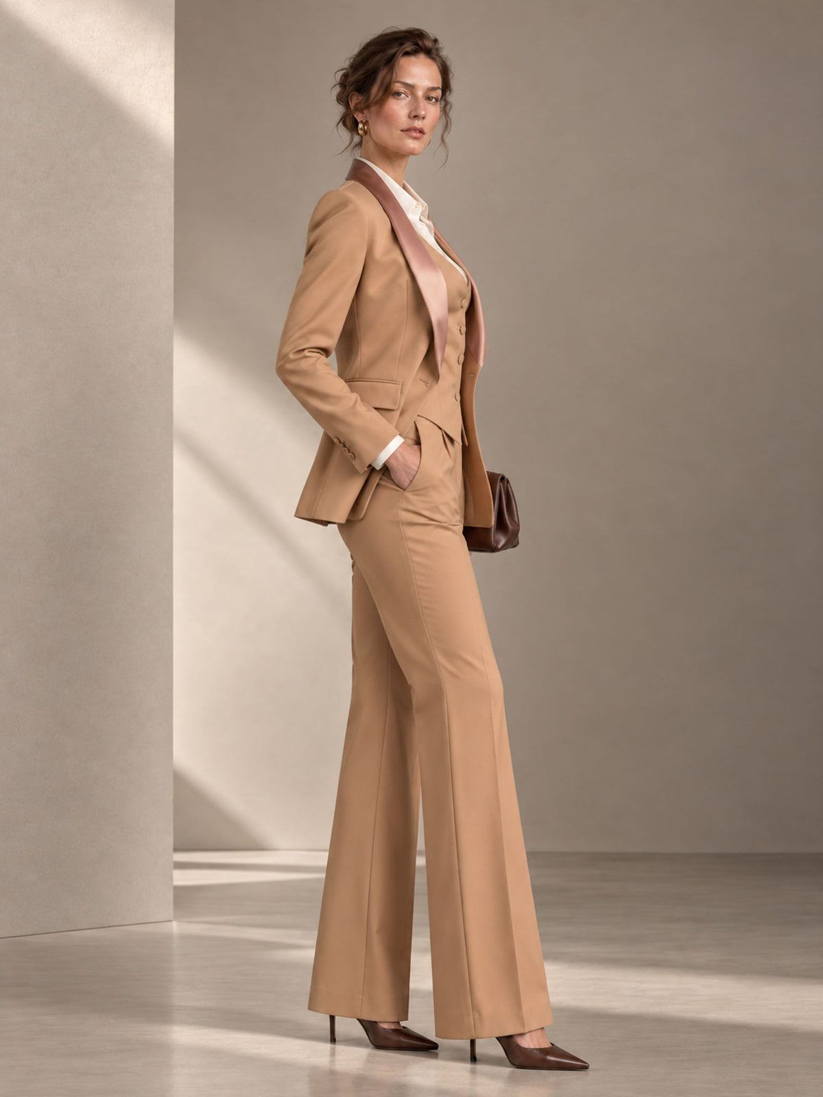 Nude Orange Shawl Collar One Button Asymmetrical Placket Blazer & Straight Leg 2-Piece Suit