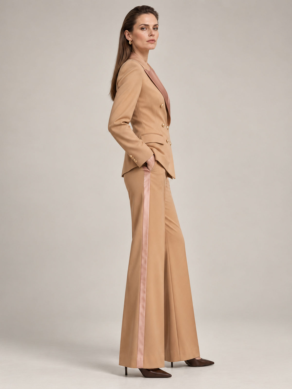 Nude Orange Peak Lapel Double-Breasted Blazer & Slight Flare Wide Leg 2-Piece Suit