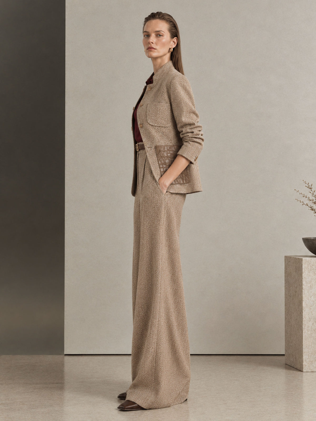 Camel Stand Collar Single Button Herringbone Tweed Blazer & Straight Leg Pants 2-Piece Suit