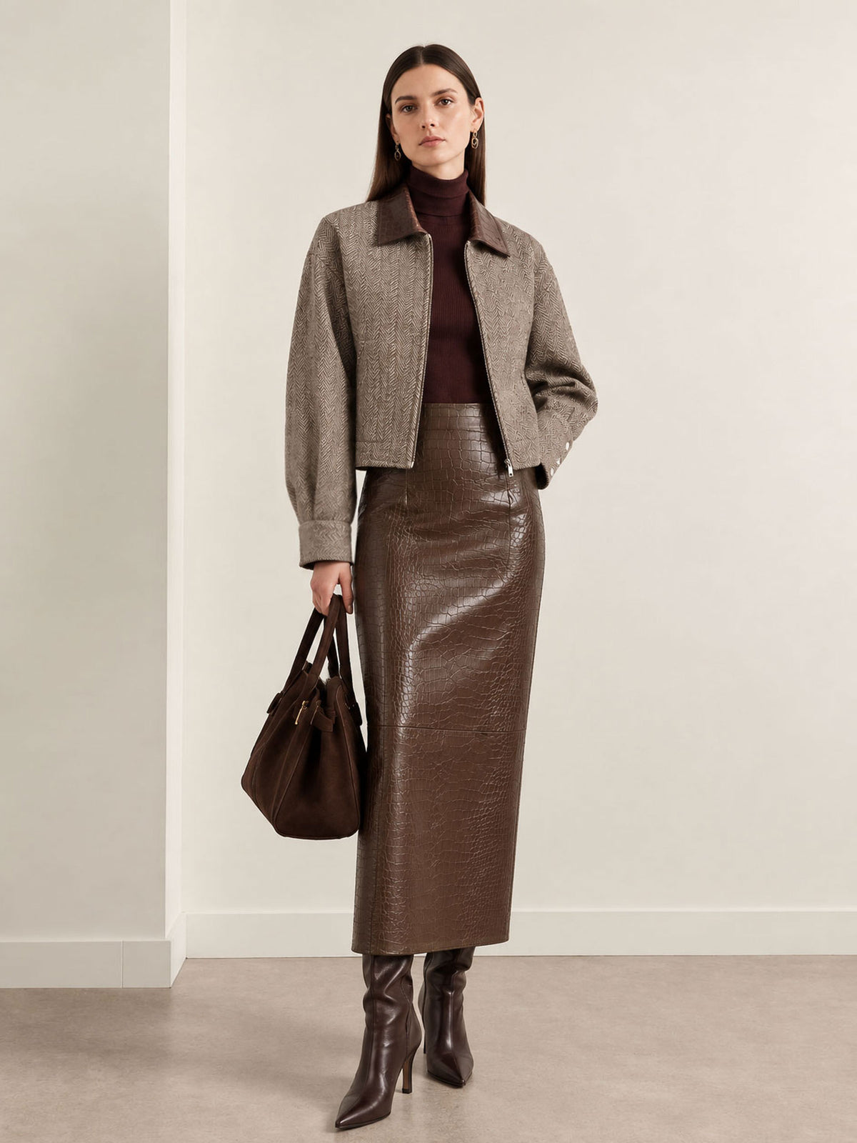 Camel Herringbone Tweed Zip Jacket with Faux Croc Trim Collar & Straight Faux Croc Midi Skirt 2-Piece Suit
