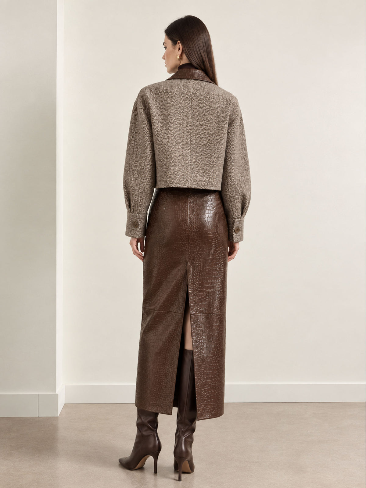 Camel Herringbone Tweed Zip Jacket with Faux Croc Trim Collar & Straight Faux Croc Midi Skirt 2-Piece Suit