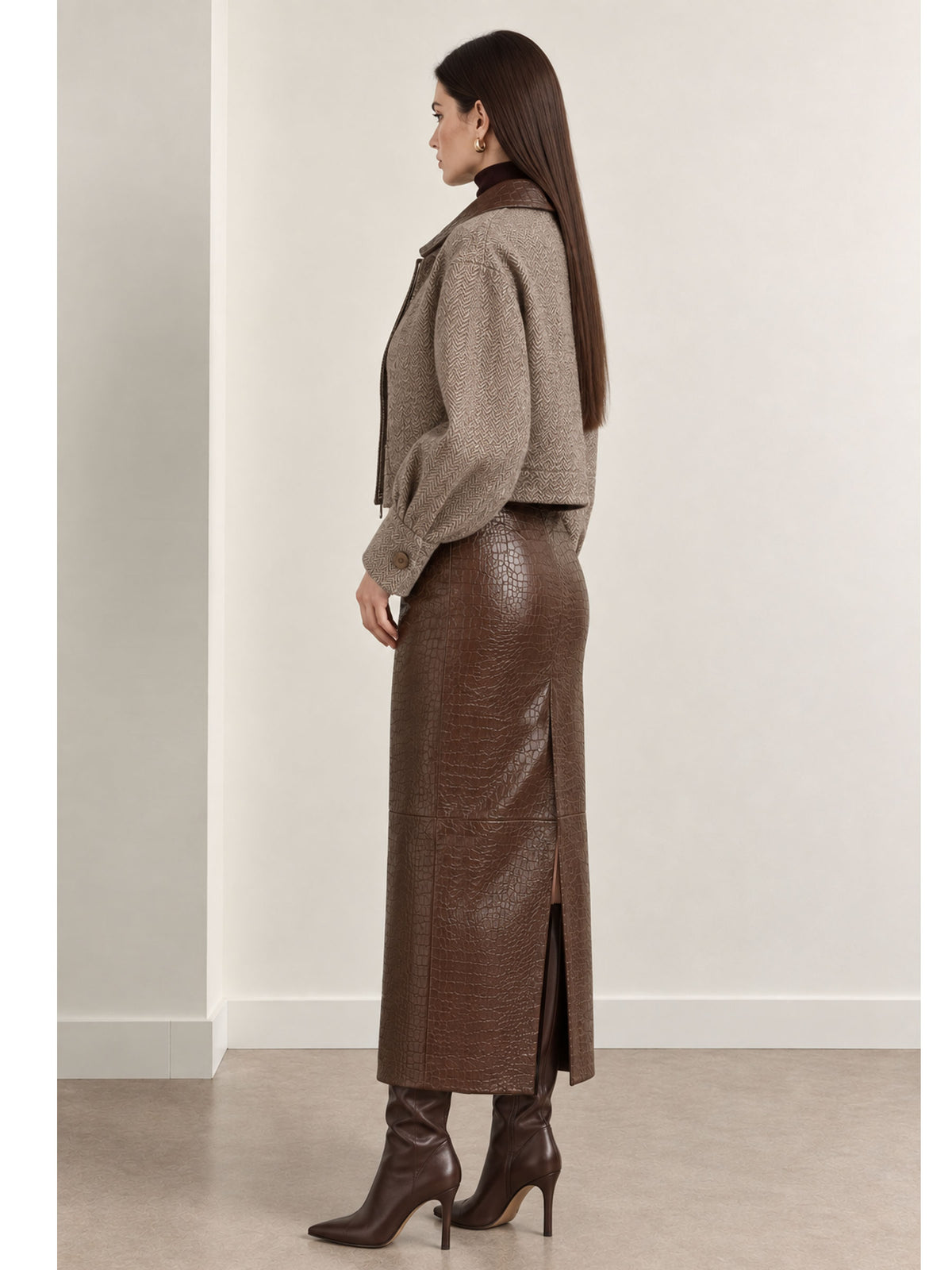 Camel Herringbone Tweed Zip Jacket with Faux Croc Trim Collar & Straight Faux Croc Midi Skirt 2-Piece Suit