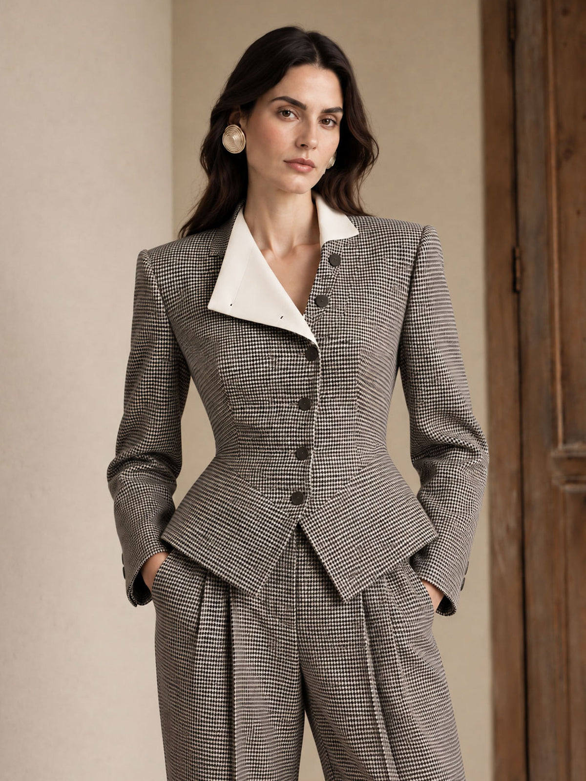 Black and White Fine Stripe Asymmetrical Lapel Short Blazer & Harem Pants 2-Piece Suit