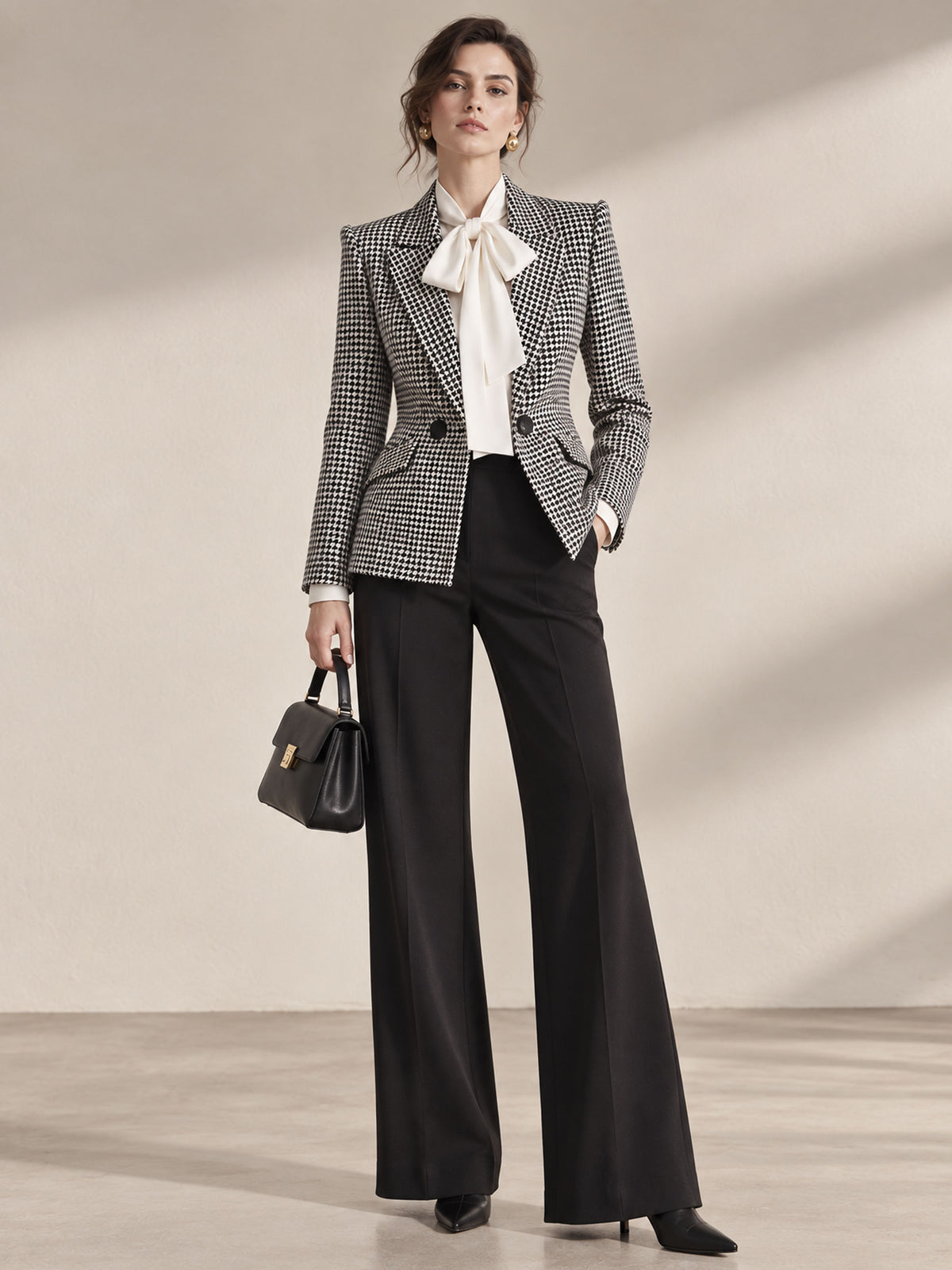 Black & White Fine Stripe Notch Lapel Double-Breasted Two-Button Blazer & Black Wide Leg 2-Piece Suit