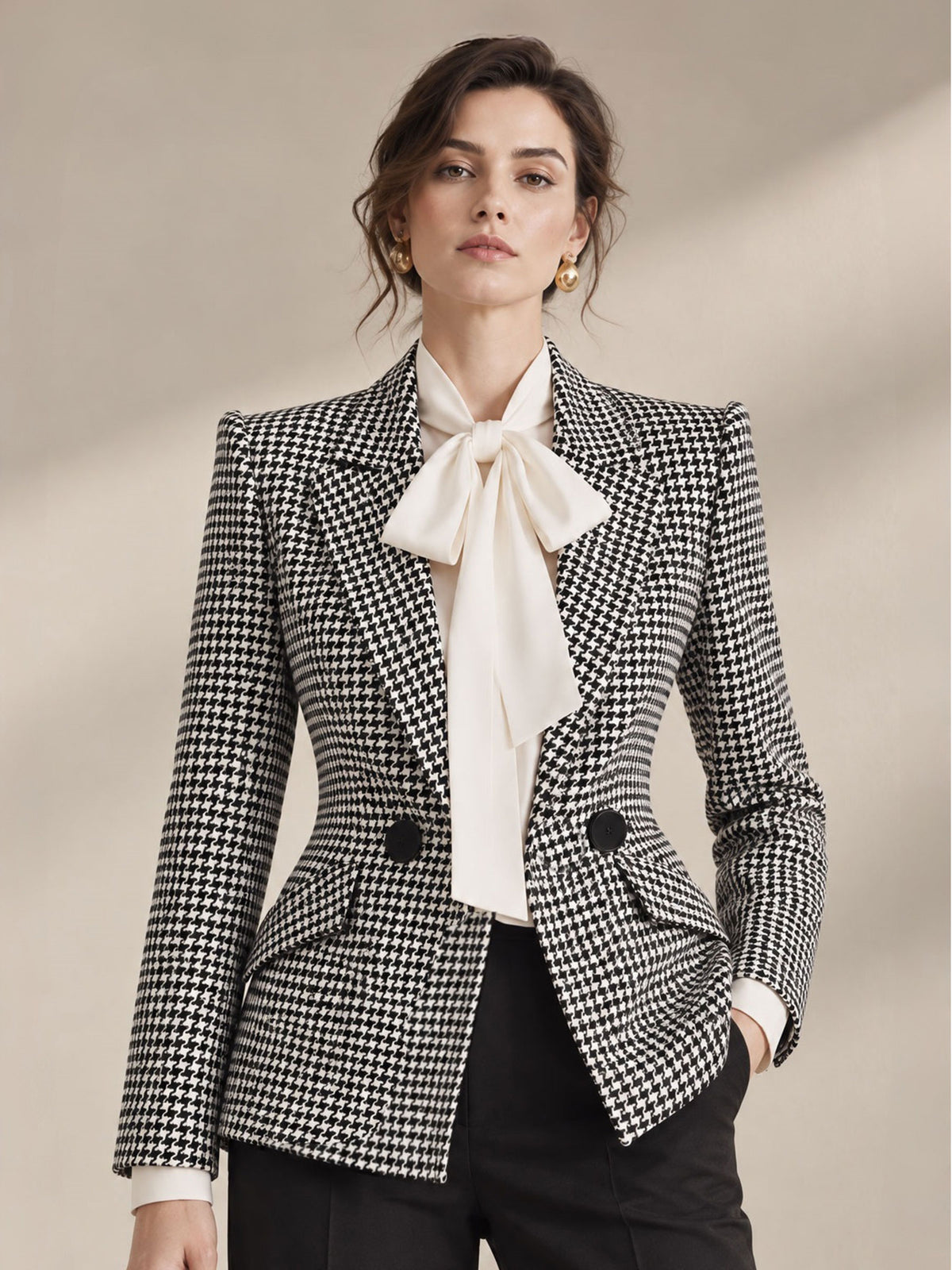 Black & White Fine Stripe Notch Lapel Double-Breasted Two-Button Blazer & Black Wide Leg 2-Piece Suit