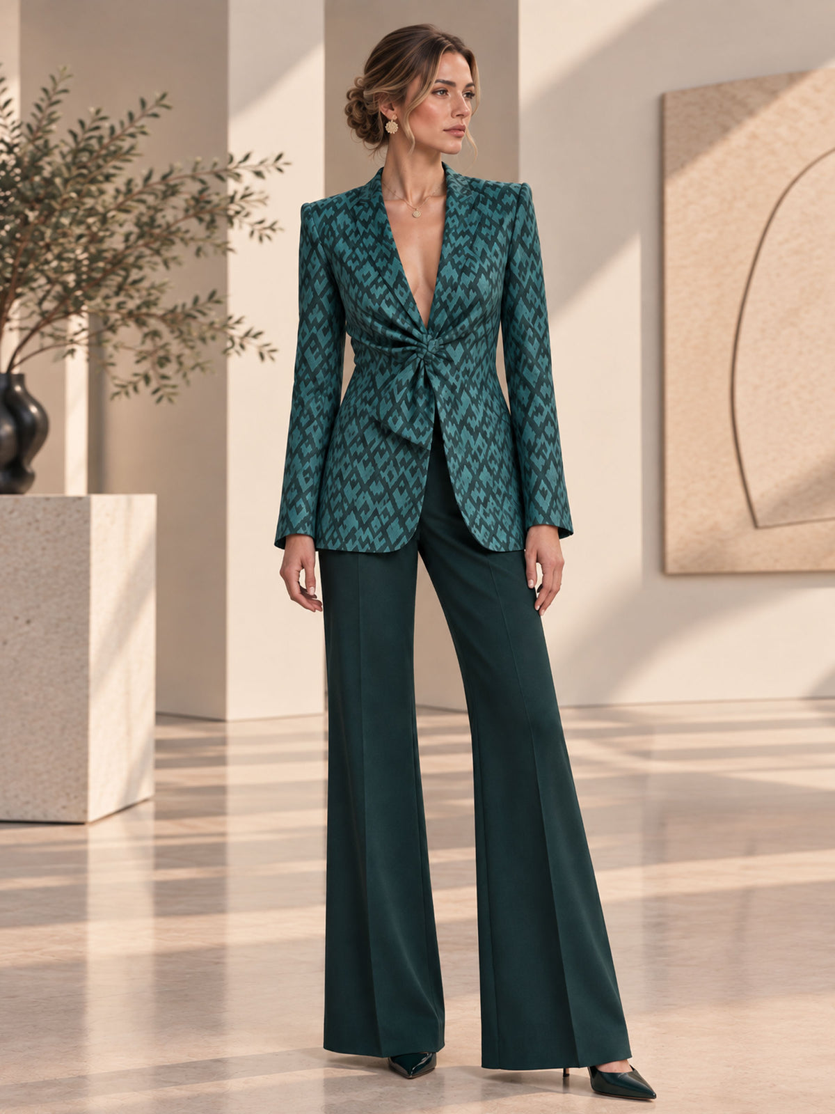 Turquoise Green V-Neck Tie Front Blazer & Wide Leg 2-Piece Suit