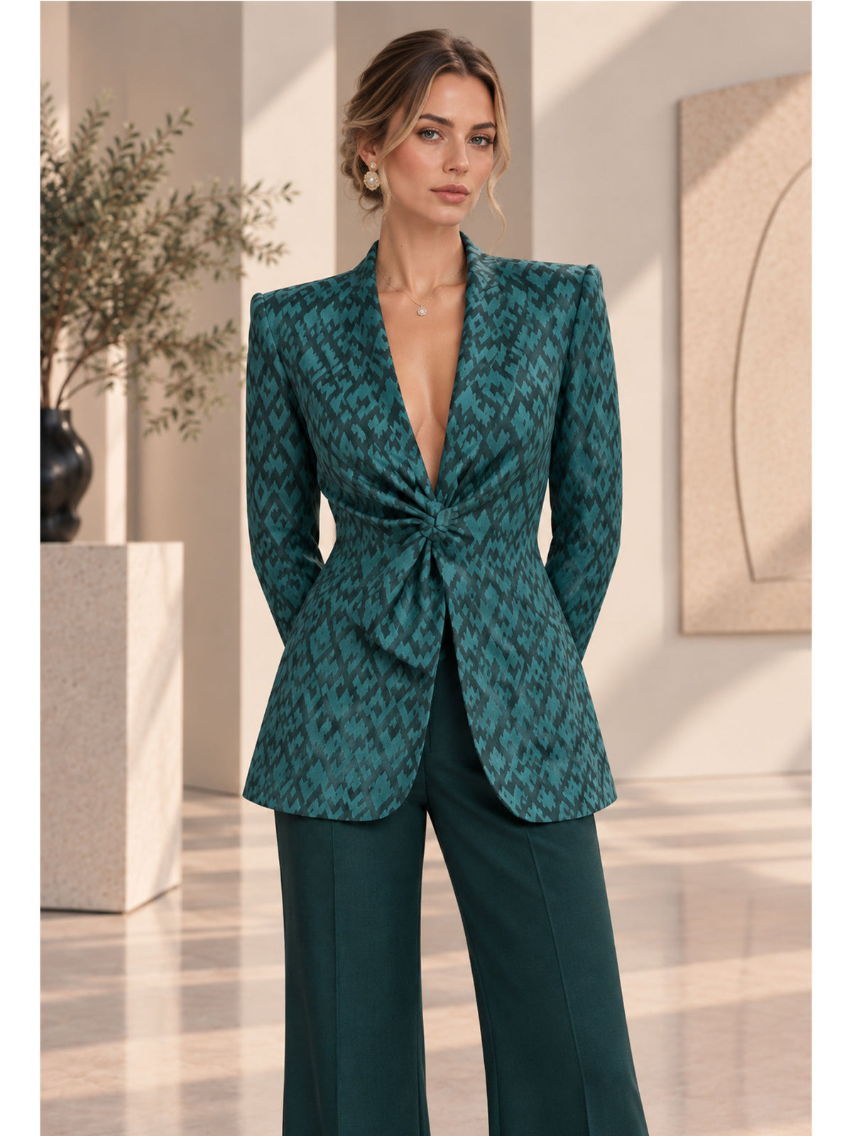 Turquoise Green V-Neck Tie Front Blazer & Wide Leg 2-Piece Suit