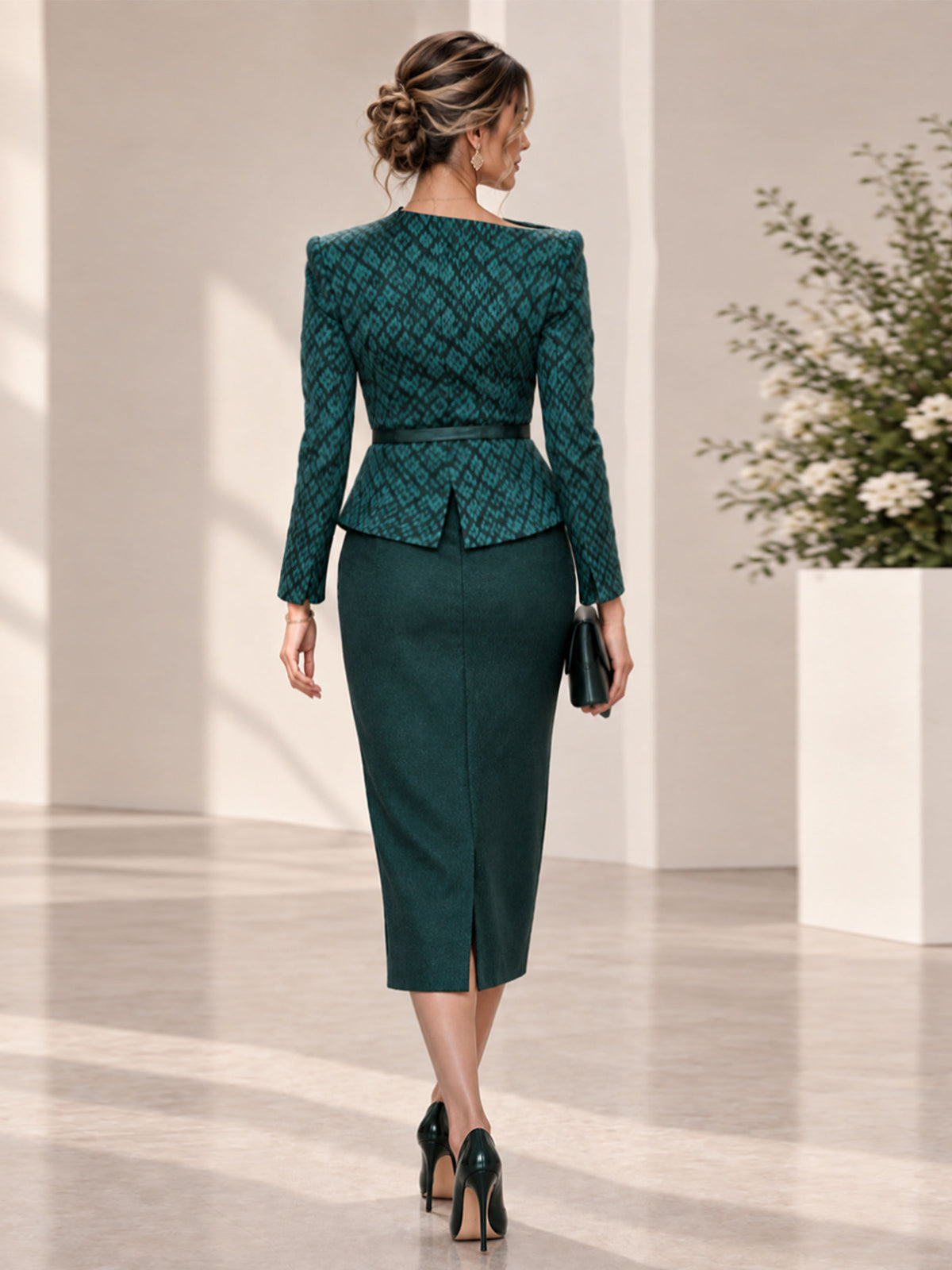 Turquoise Green Jacquard V-Neck Asymmetrical Placket Belted Short Blazer & Midi Pencil Skirt 2-Piece Suit