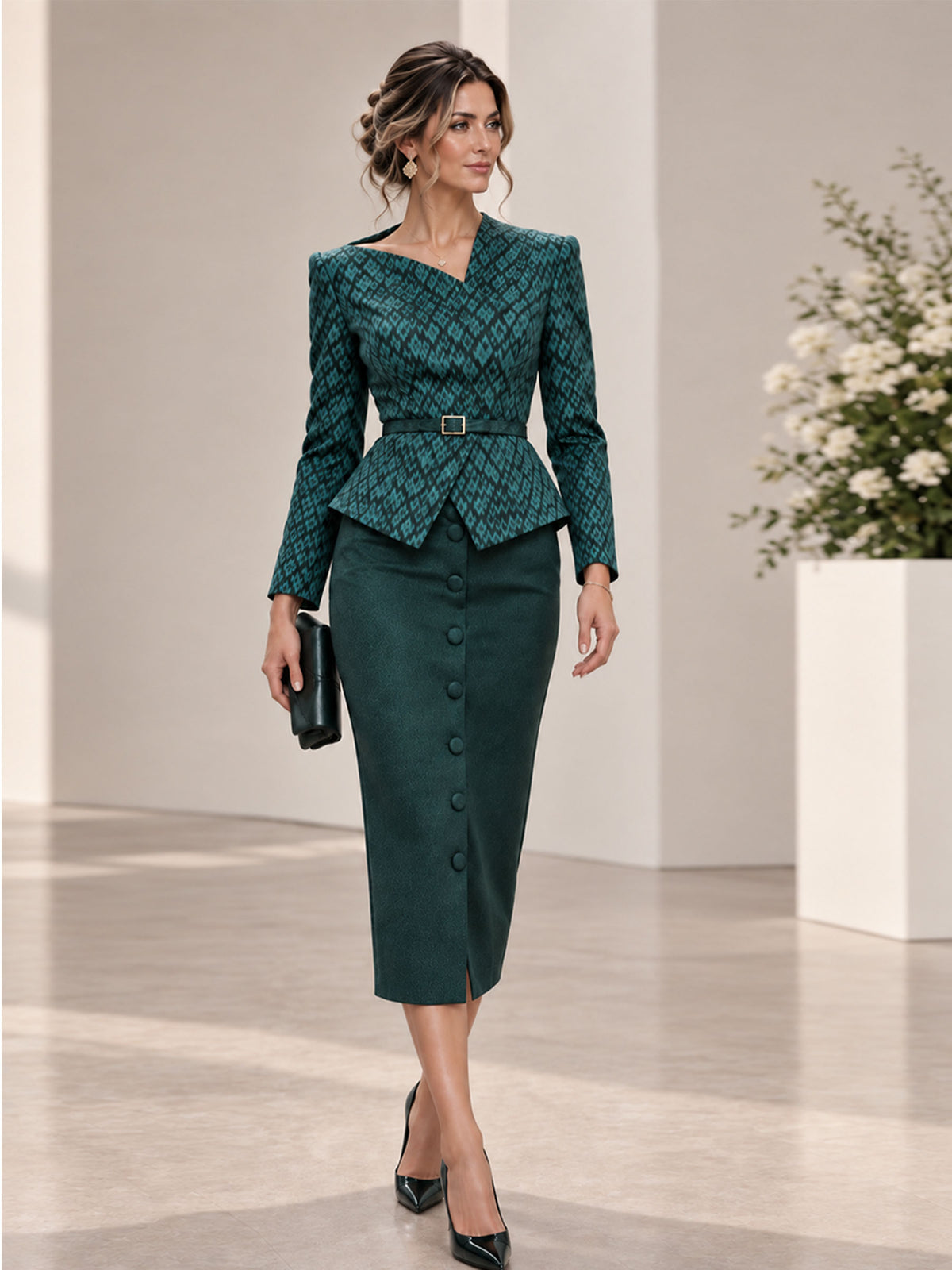 Turquoise Green Jacquard V-Neck Asymmetrical Placket Belted Short Blazer & Midi Pencil Skirt 2-Piece Suit