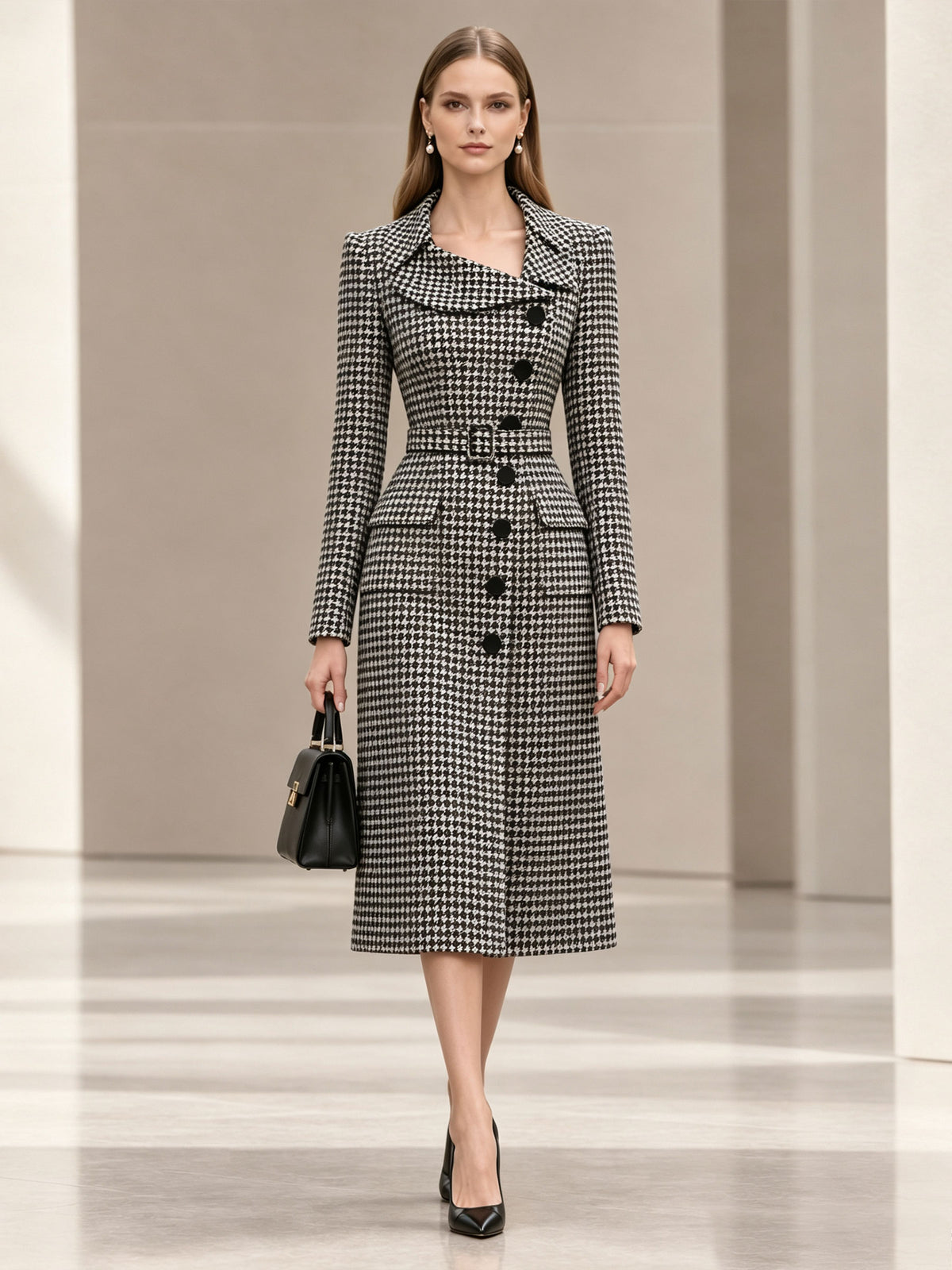 Black and White Houndstooth Wool Blend Roll Collar Belted Long Coat