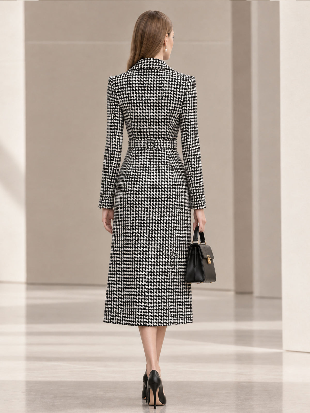 Black and White Houndstooth Wool Blend Roll Collar Belted Long Coat