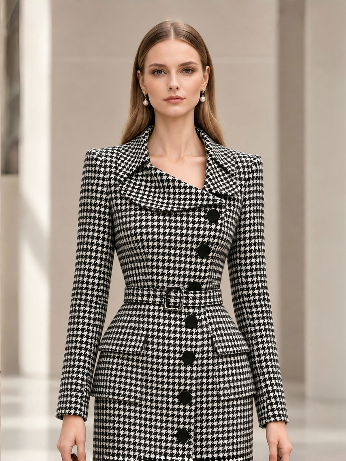 Black and White Houndstooth Wool Blend Roll Collar Belted Long Coat