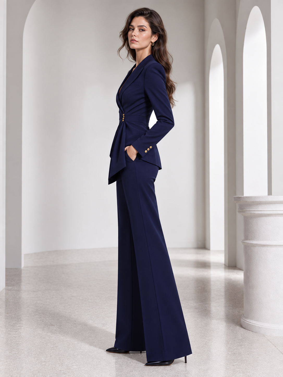 Dark Blue Peak Lapel Blazer And Flared Pants 2-Piece Suit