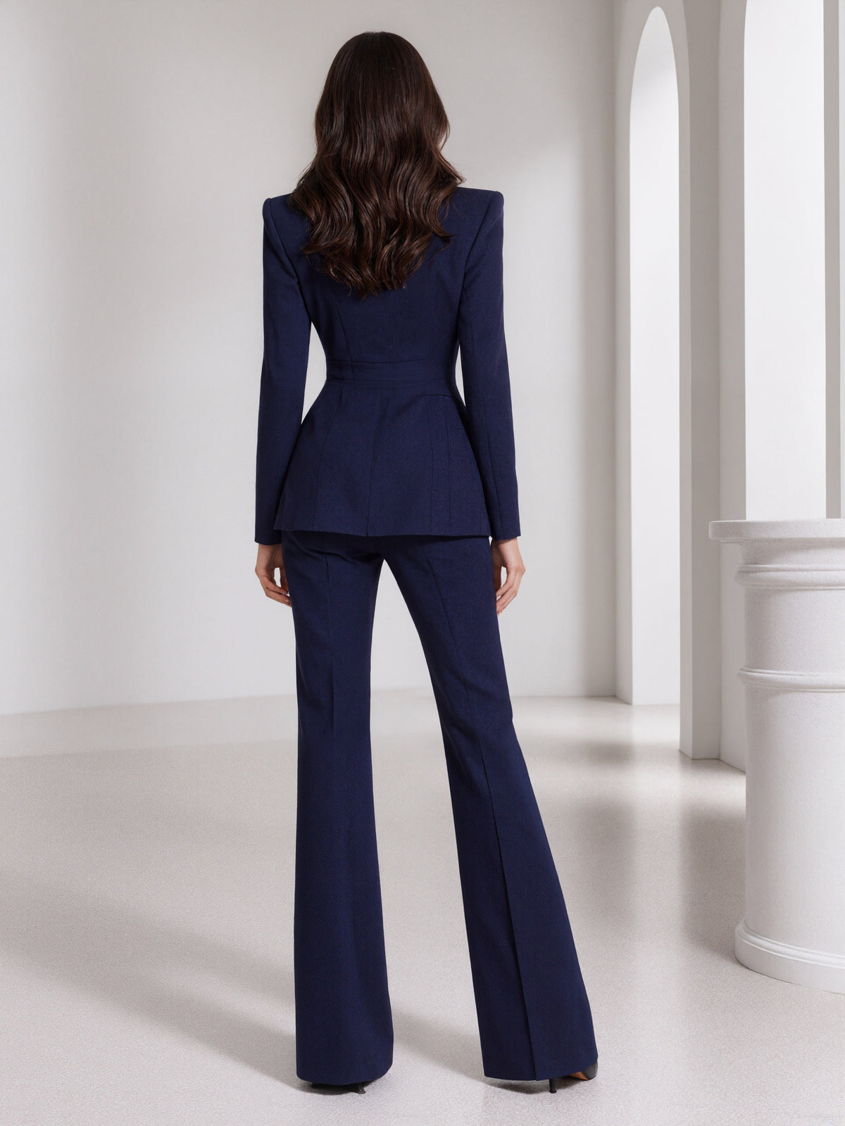 Dark Blue Peak Lapel Blazer And Flared Pants 2-Piece Suit