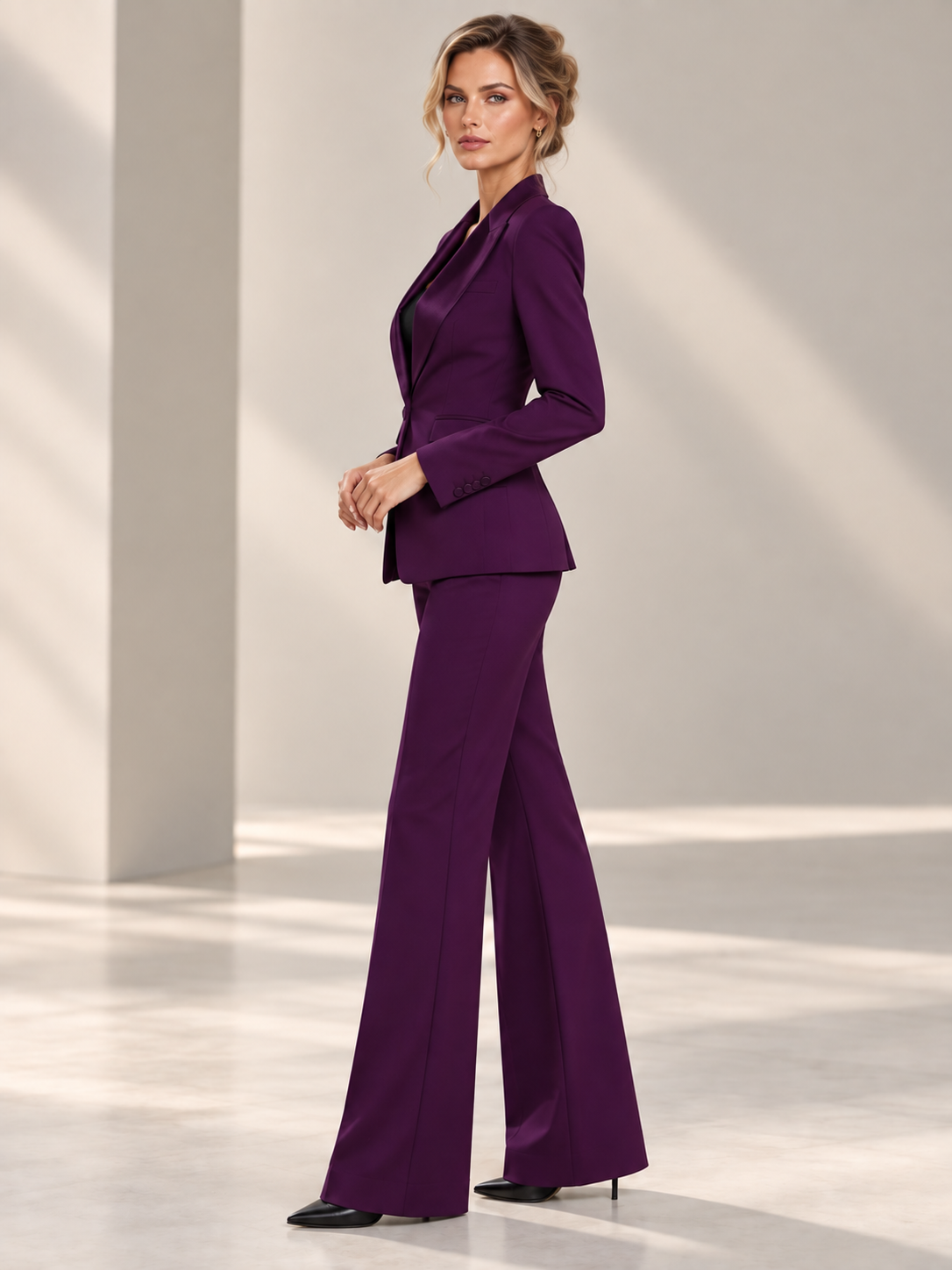 Purple Satin Peak Lapel Single Breasted Blazer And Pants 2-Piece Suit
