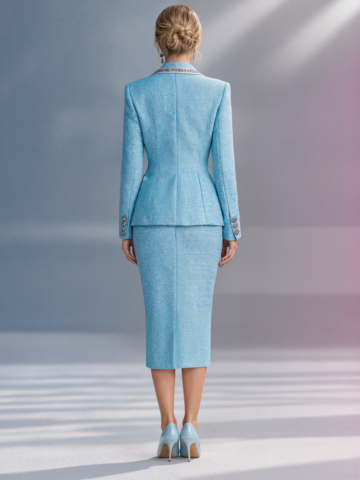 Blue Single Breasted Tweed Blazer With Peak Lapels And A Skirt 2-Piece Suit