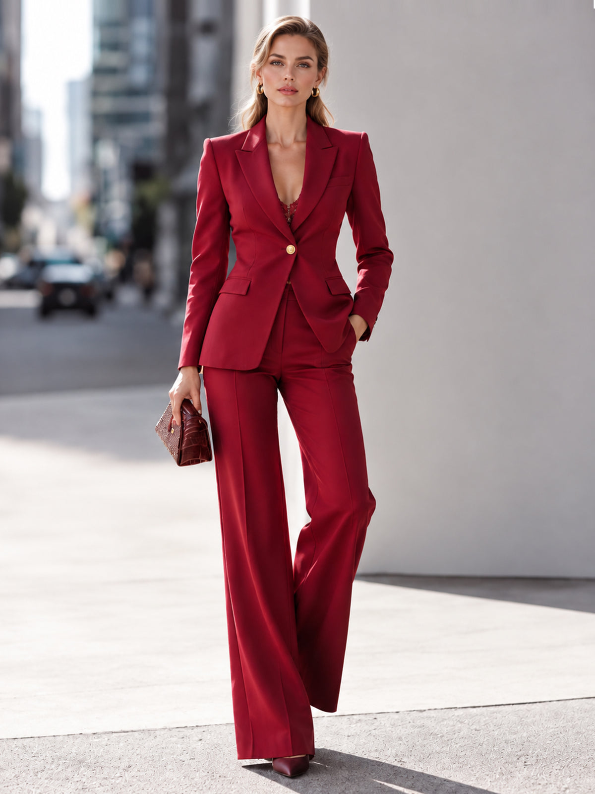 Red Peak Lapel Blazer And Wide Leg Pants 2-Piece Suit