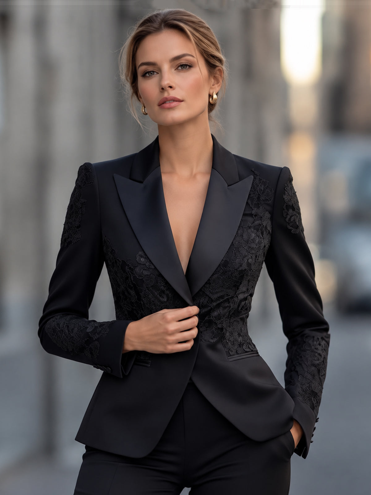 Black Peak Lapel With Lace Paneling Blazers