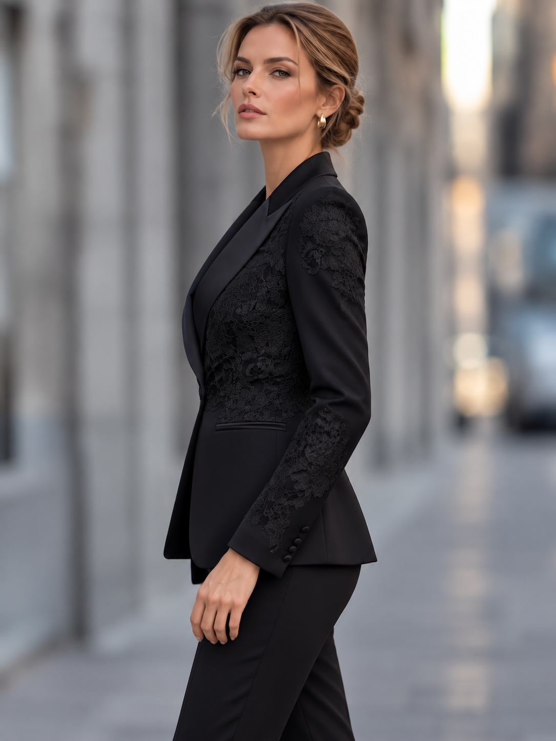 Black Peak Lapel With Lace Paneling Blazers