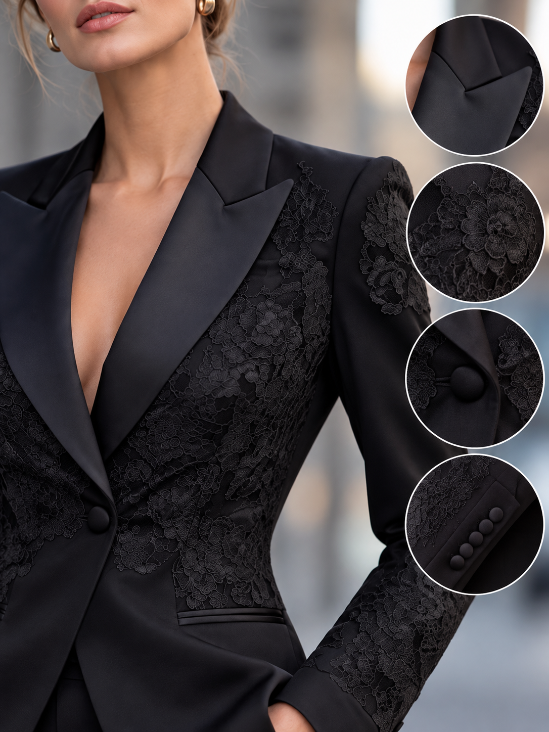 Black Peak Lapel With Lace Paneling Blazers