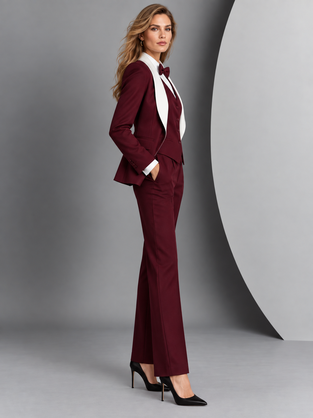 Burgundy Shawl Collar Blazer & Vast And Cropped Pants 3-Piece Suit