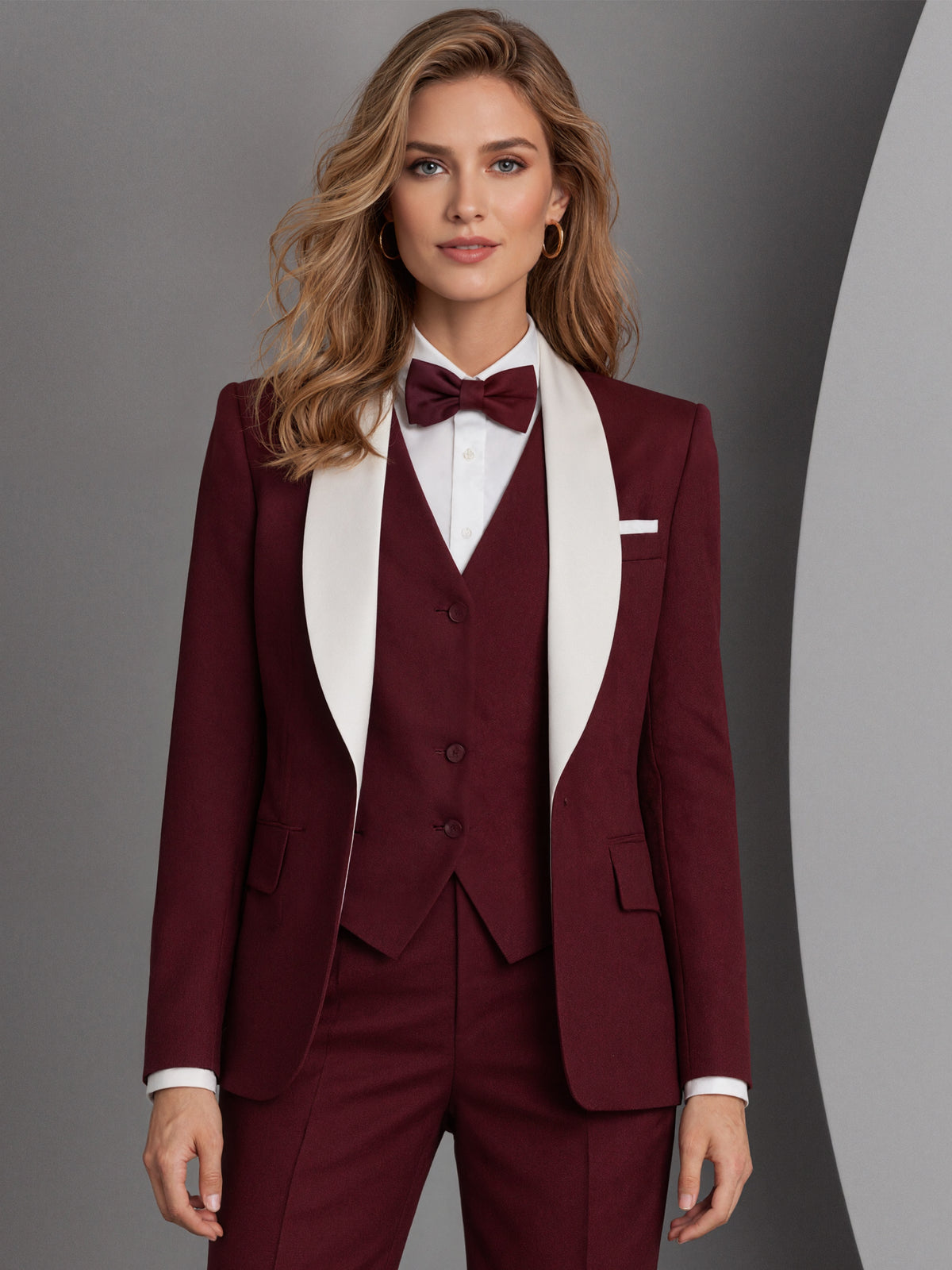 Burgundy Shawl Collar Blazer & Vast And Cropped Pants 3-Piece Suit