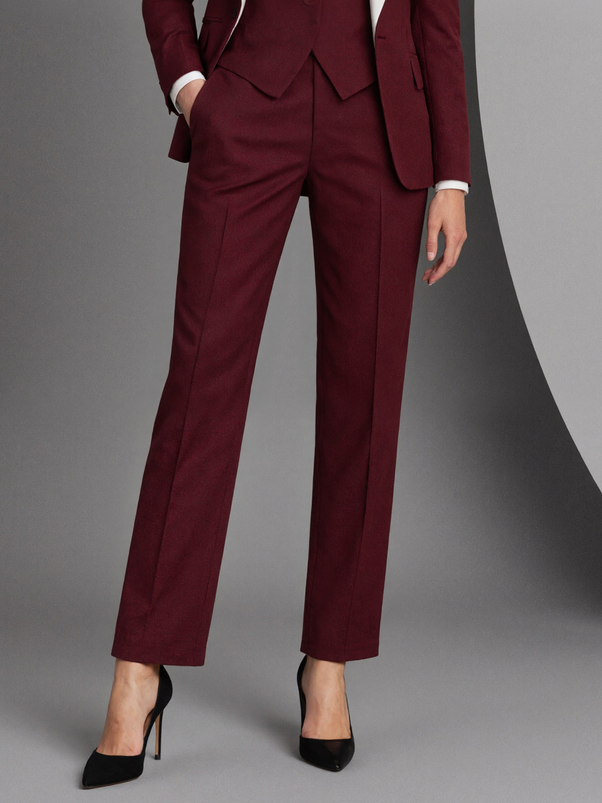 Burgundy Shawl Collar Blazer & Vast And Cropped Pants 3-Piece Suit