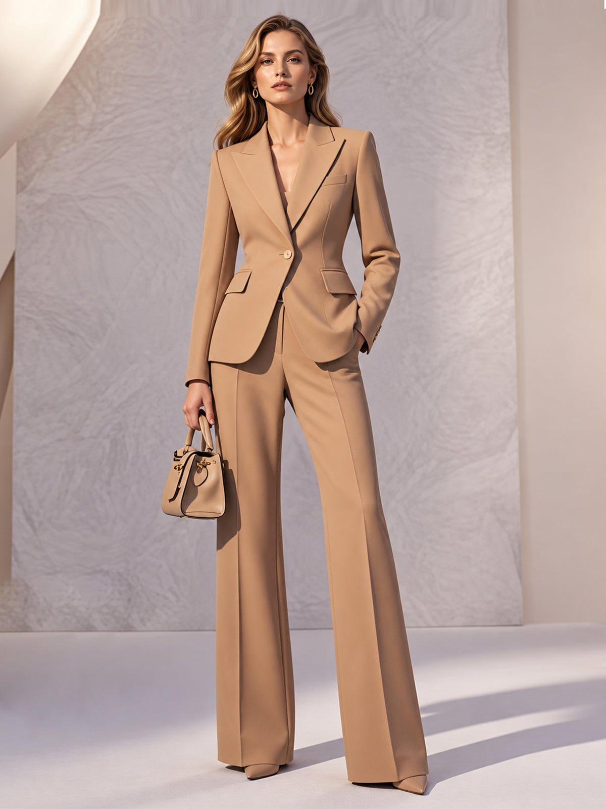 Camel Blazer With Peak Lapels And Wide Leg Pants 2-Piece Suit