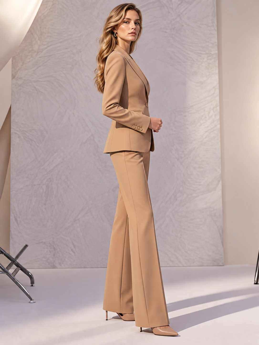 Camel Blazer With Peak Lapels And Wide Leg Pants 2-Piece Suit