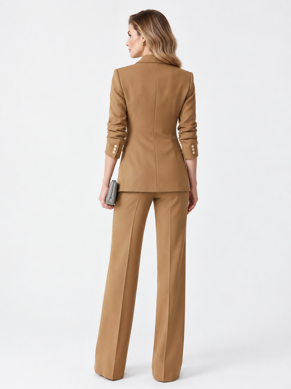 Camel Asymmetric Gold Button Peak Lapel Blazer And Wide Leg Pants 2-Piece Suit
