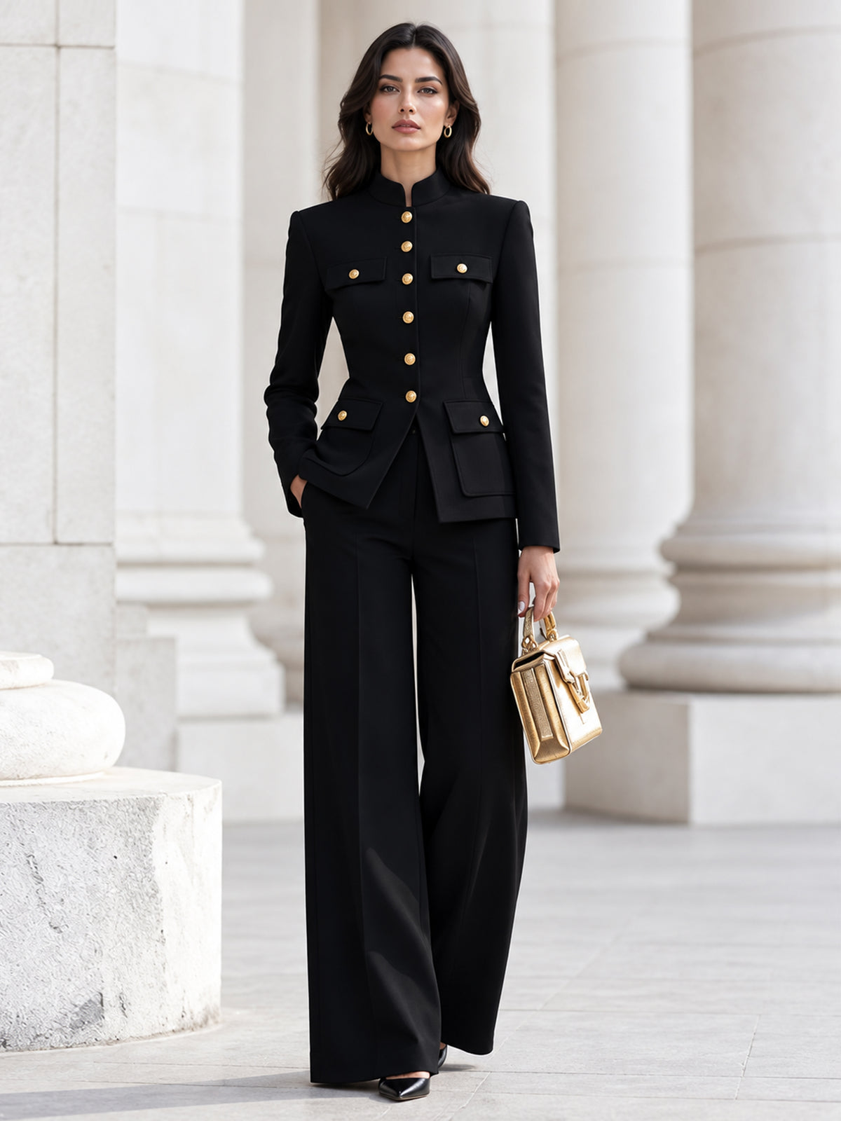 Black Stand Collar Single Breasted Blazer And Wide Leg Pants 2-Piece Suit