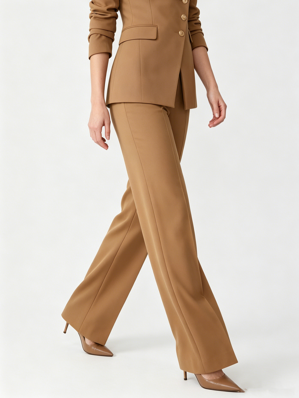Camel Asymmetric Gold Button Peak Lapel Blazer And Wide Leg Pants 2-Piece Suit