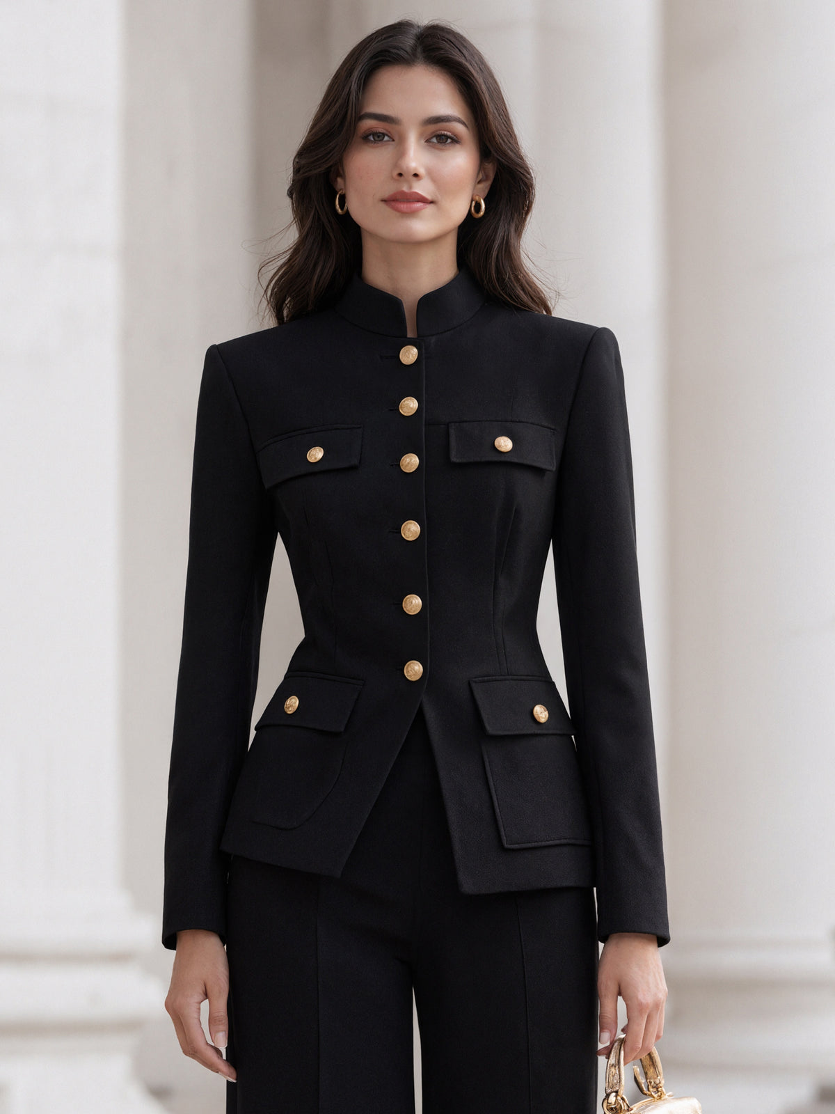 Black Stand Collar Single Breasted Blazer And Wide Leg Pants 2-Piece Suit