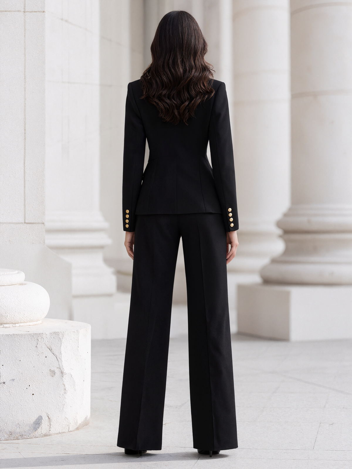 Black Stand Collar Single Breasted Blazer And Wide Leg Pants 2-Piece Suit