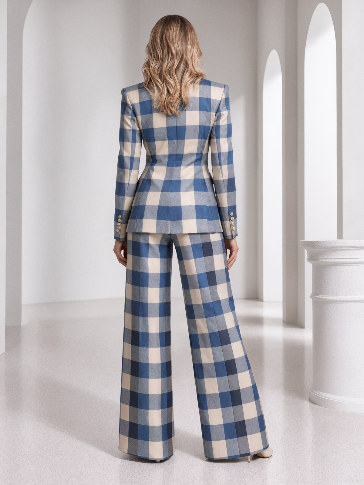 Blue Plaid Single Breasted Blazer With Peak Lapels And Wide Leg Pants 2-Piece Suit