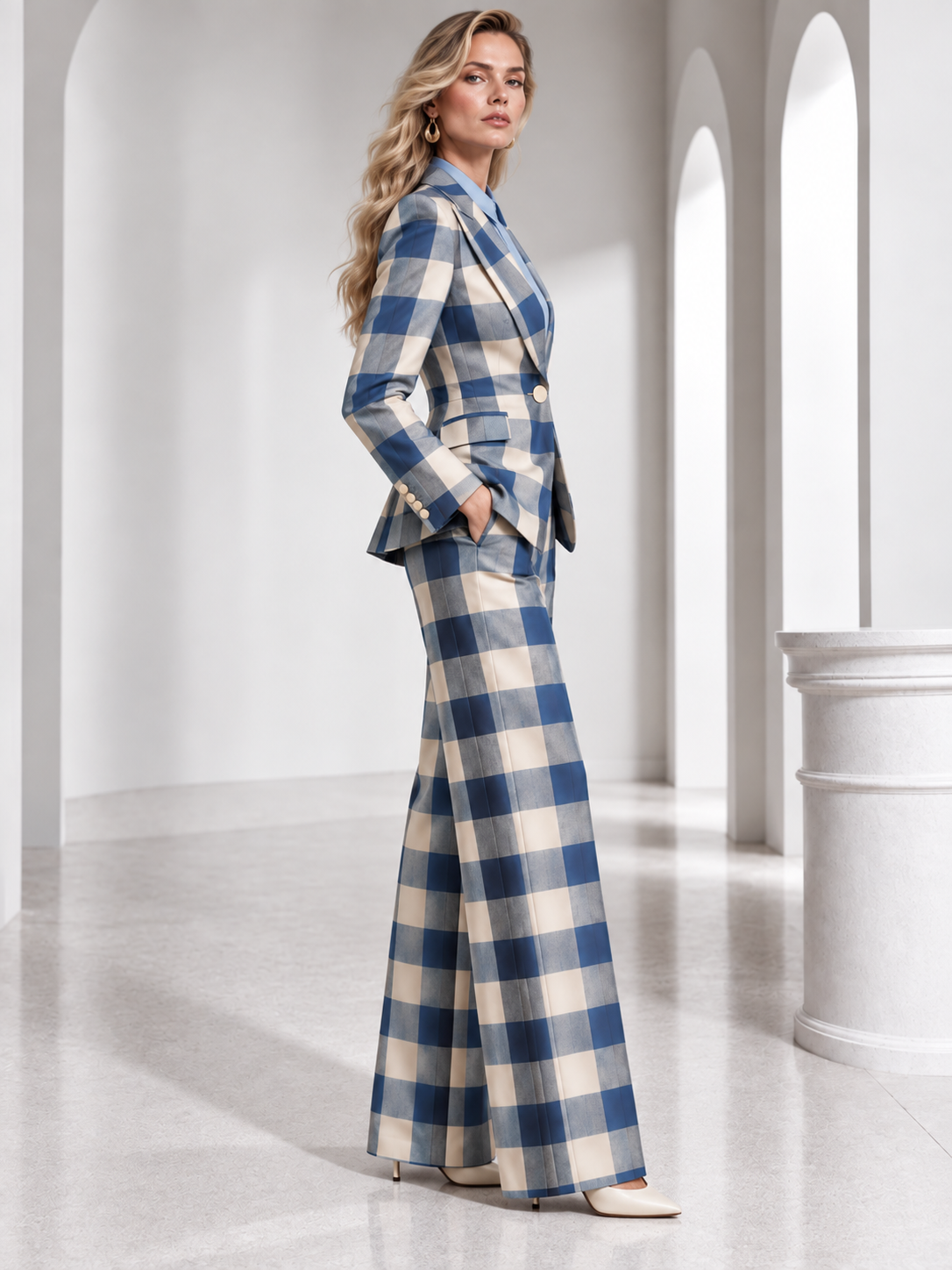 Blue Plaid Single Breasted Blazer With Peak Lapels And Wide Leg Pants 2-Piece Suit