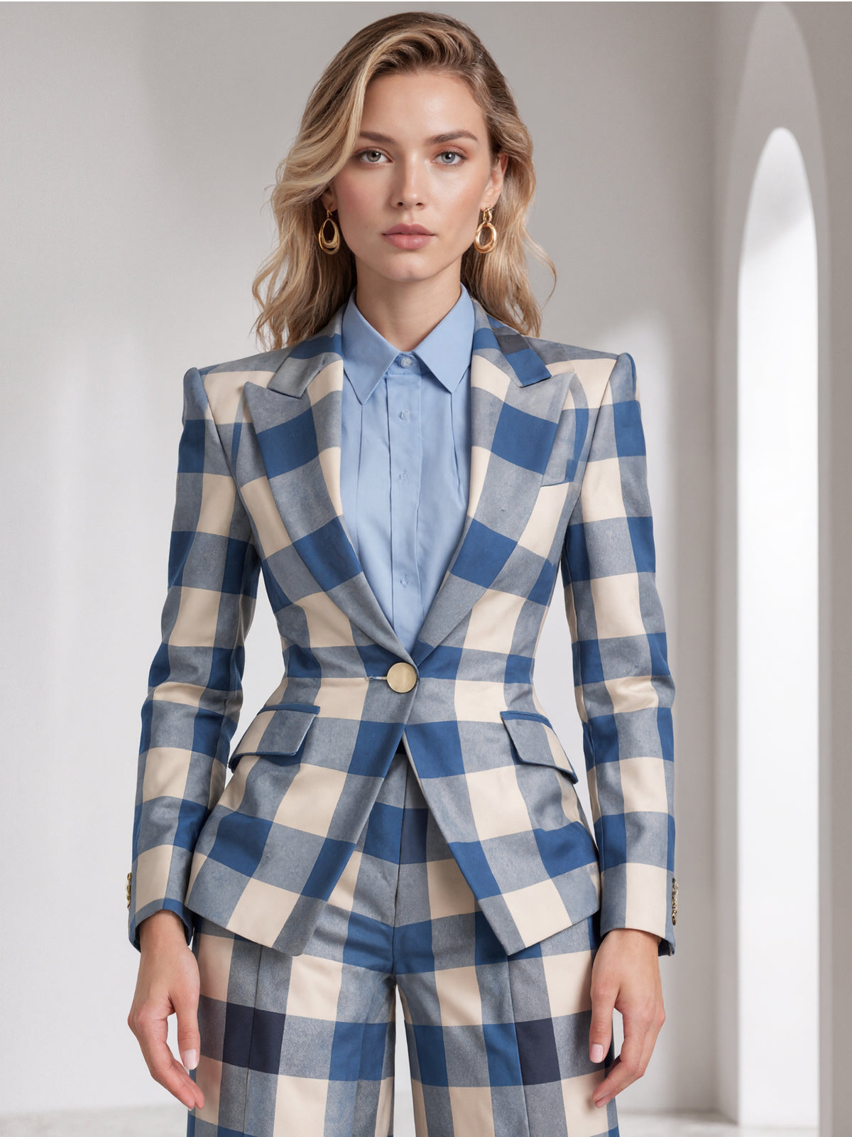 Blue Plaid Single Breasted Blazer With Peak Lapels And Wide Leg Pants 2-Piece Suit