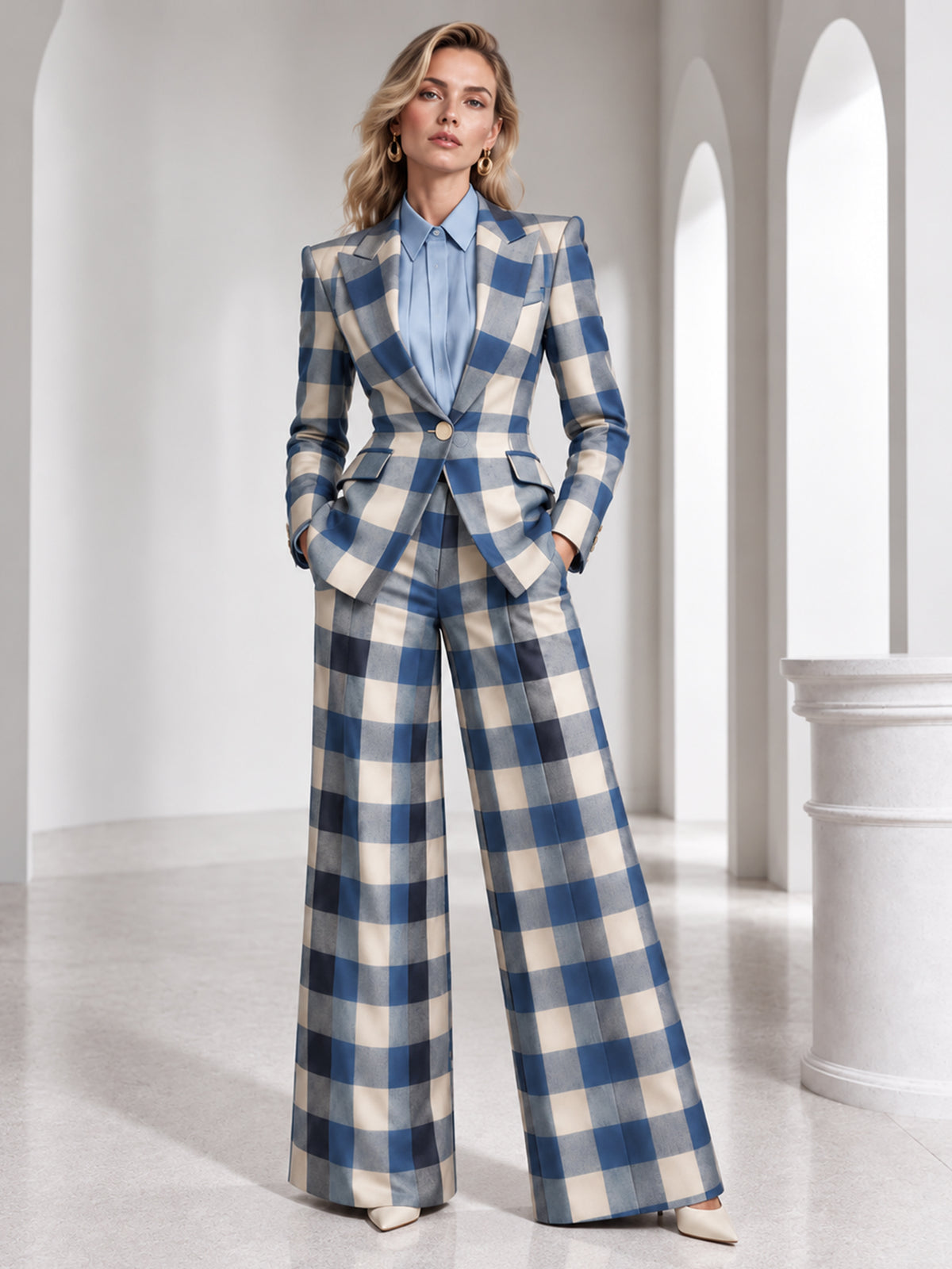 Blue Plaid Single Breasted Blazer With Peak Lapels And Wide Leg Pants 2-Piece Suit