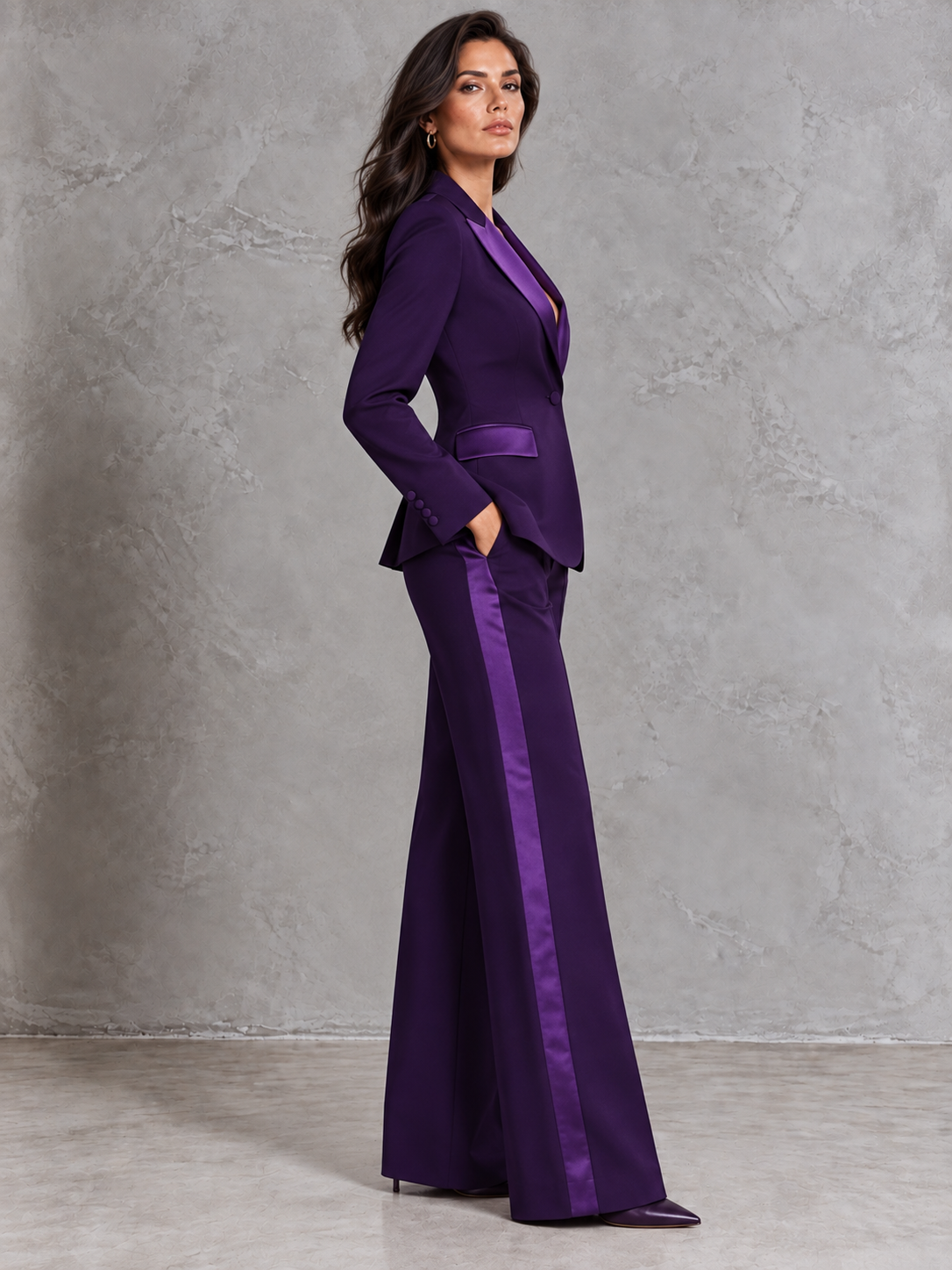 Purple Blazer With Peak Lapels And Wide Leg Pants 2-Piece Suit