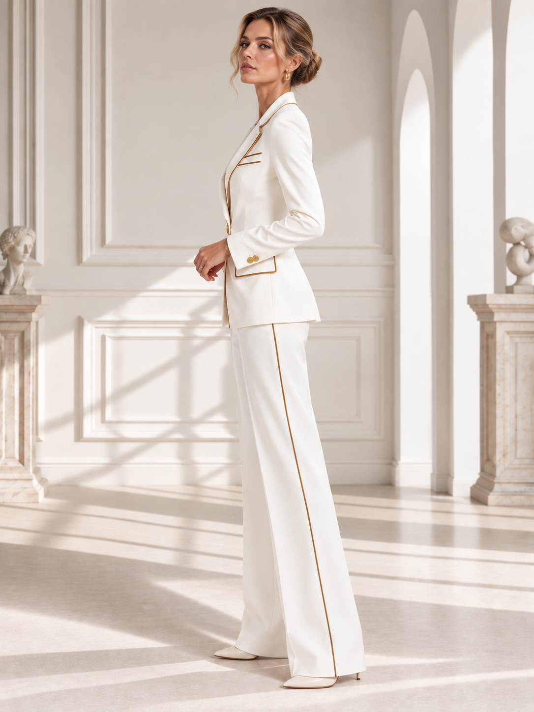 Cream Colored Single Breasted Blazer With Notch Lapels And Wide Leg Pants 2-Piece Suit