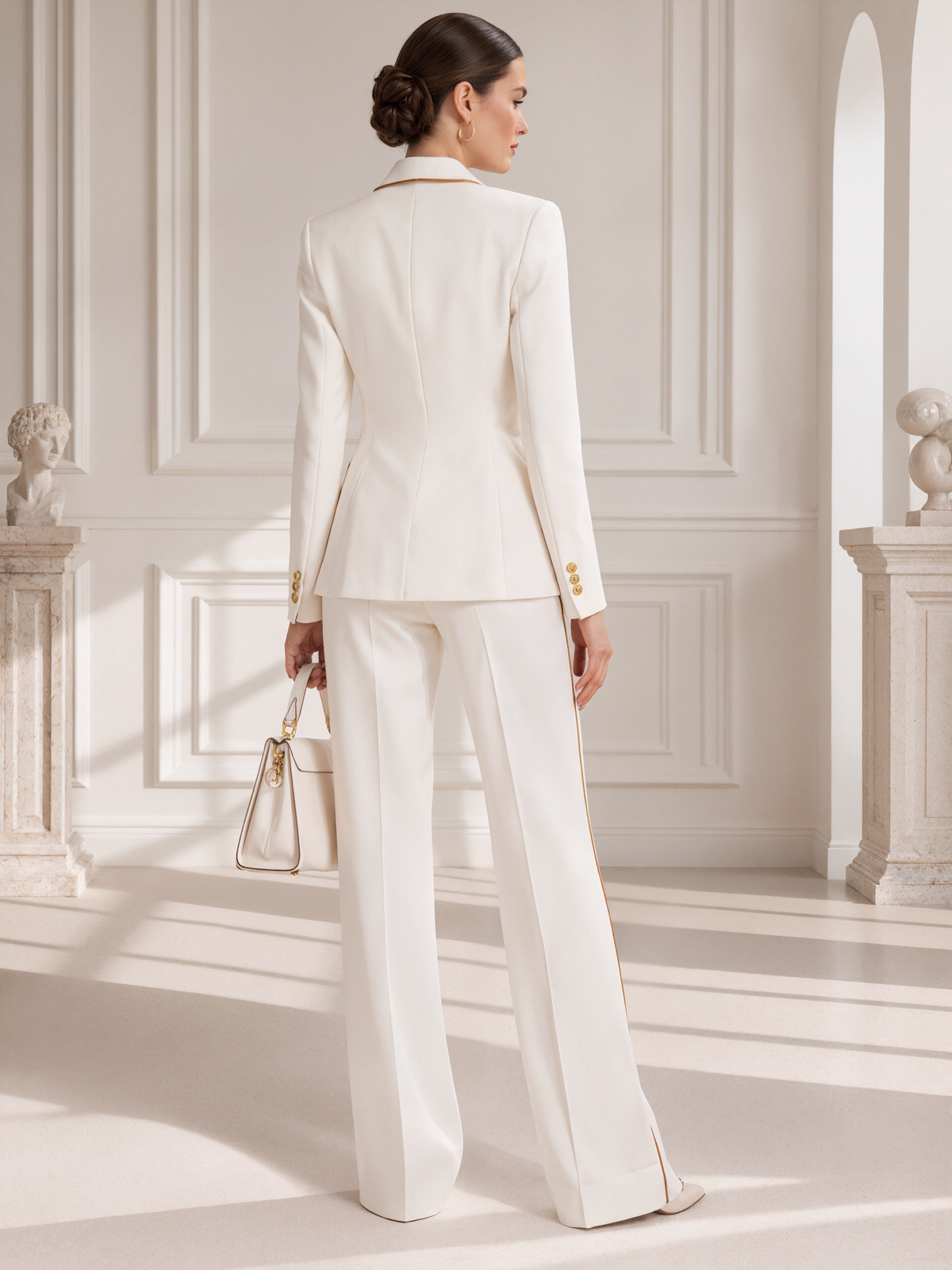 Cream Colored Single Breasted Blazer With Notch Lapels And Wide Leg Pants 2-Piece Suit