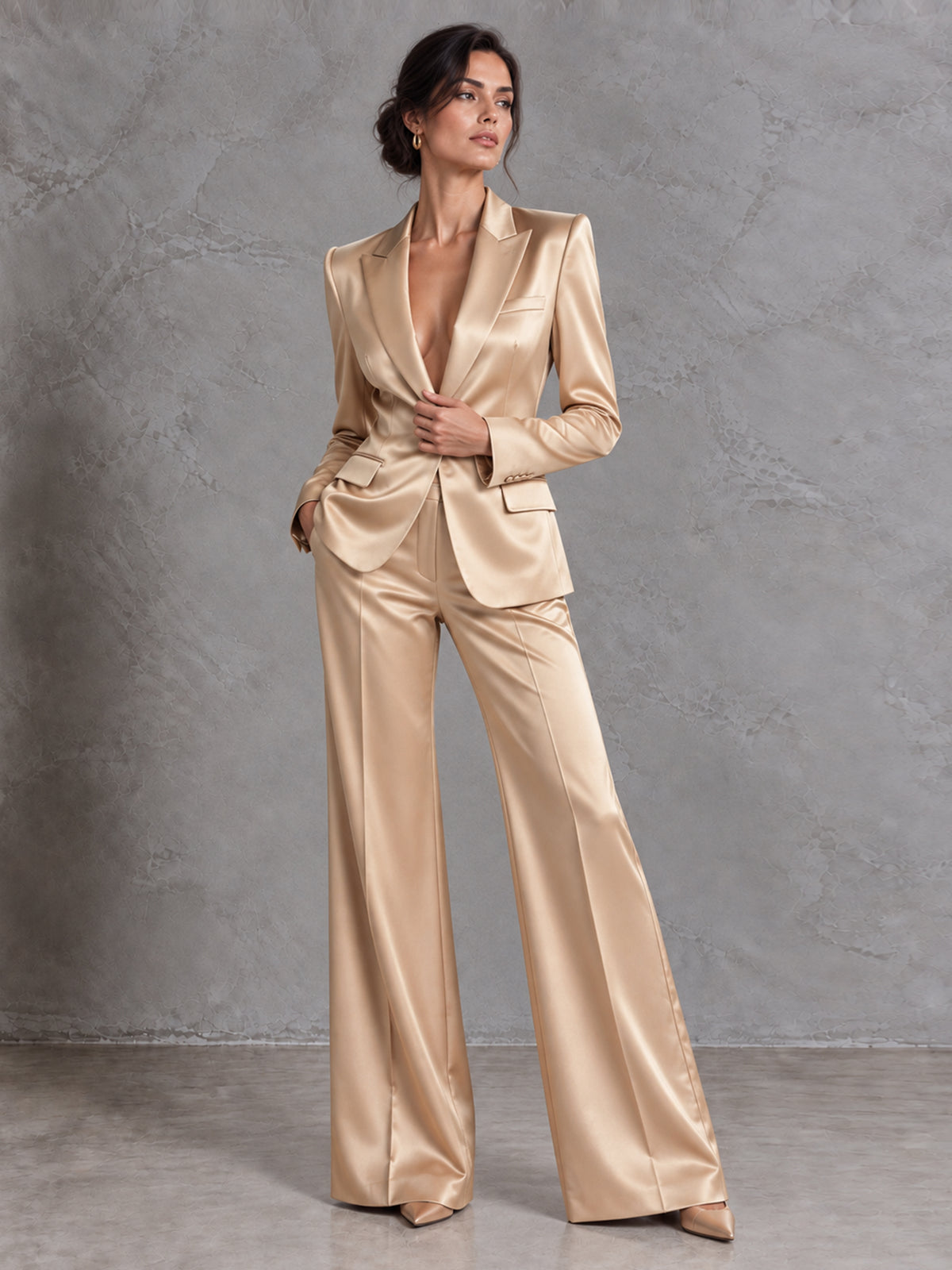 Champagne Colored Single Breasted Blazer With Peak Lapels And Wide Leg Pants 2-Piece Suit