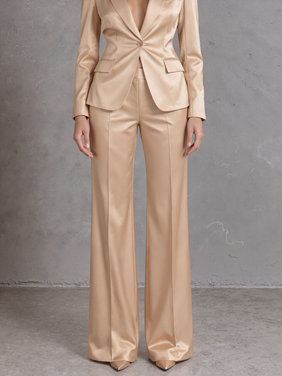 Champagne Colored Single Breasted Blazer With Peak Lapels And Wide Leg Pants 2-Piece Suit