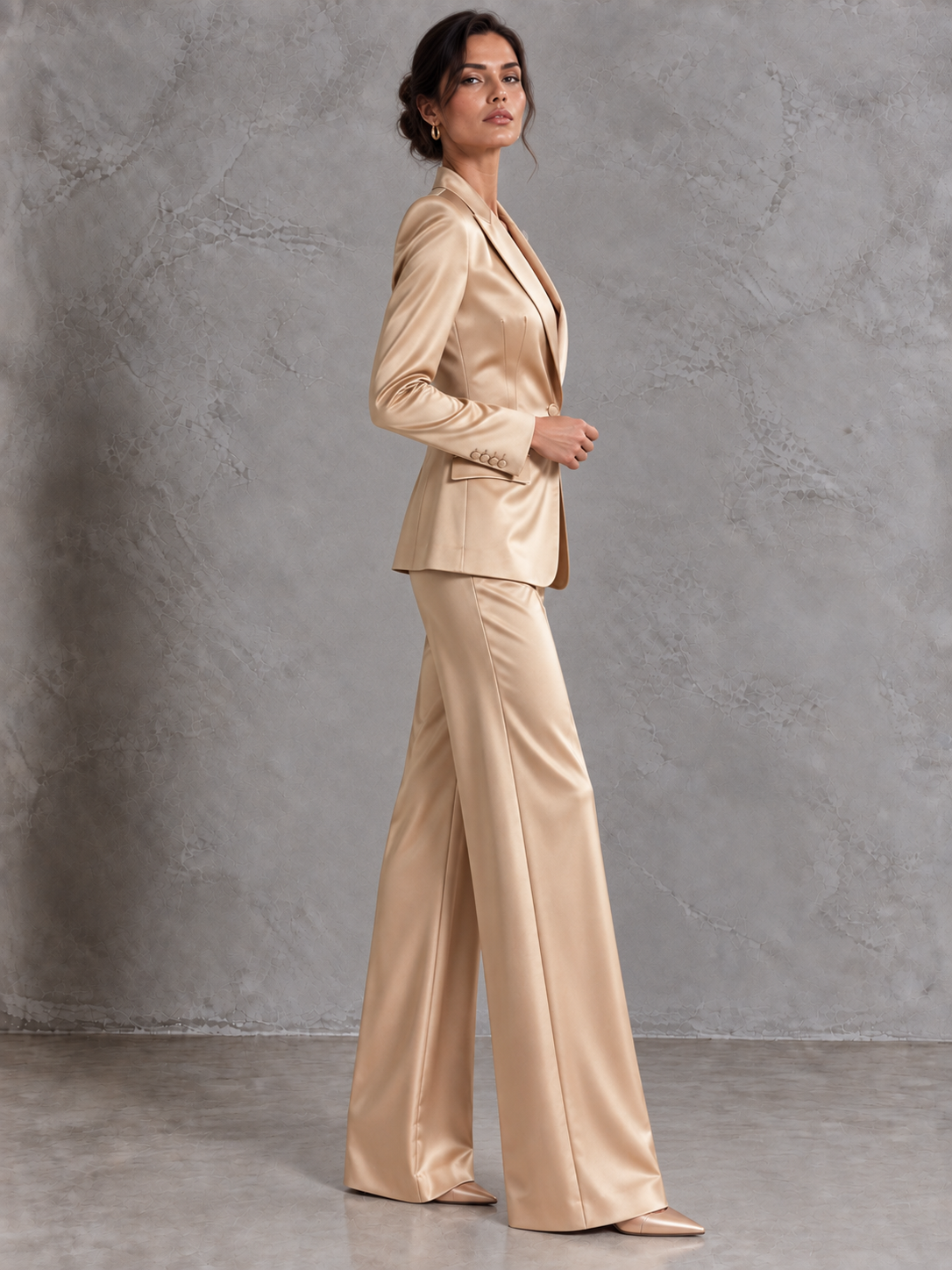 Champagne Colored Single Breasted Blazer With Peak Lapels And Wide Leg Pants 2-Piece Suit