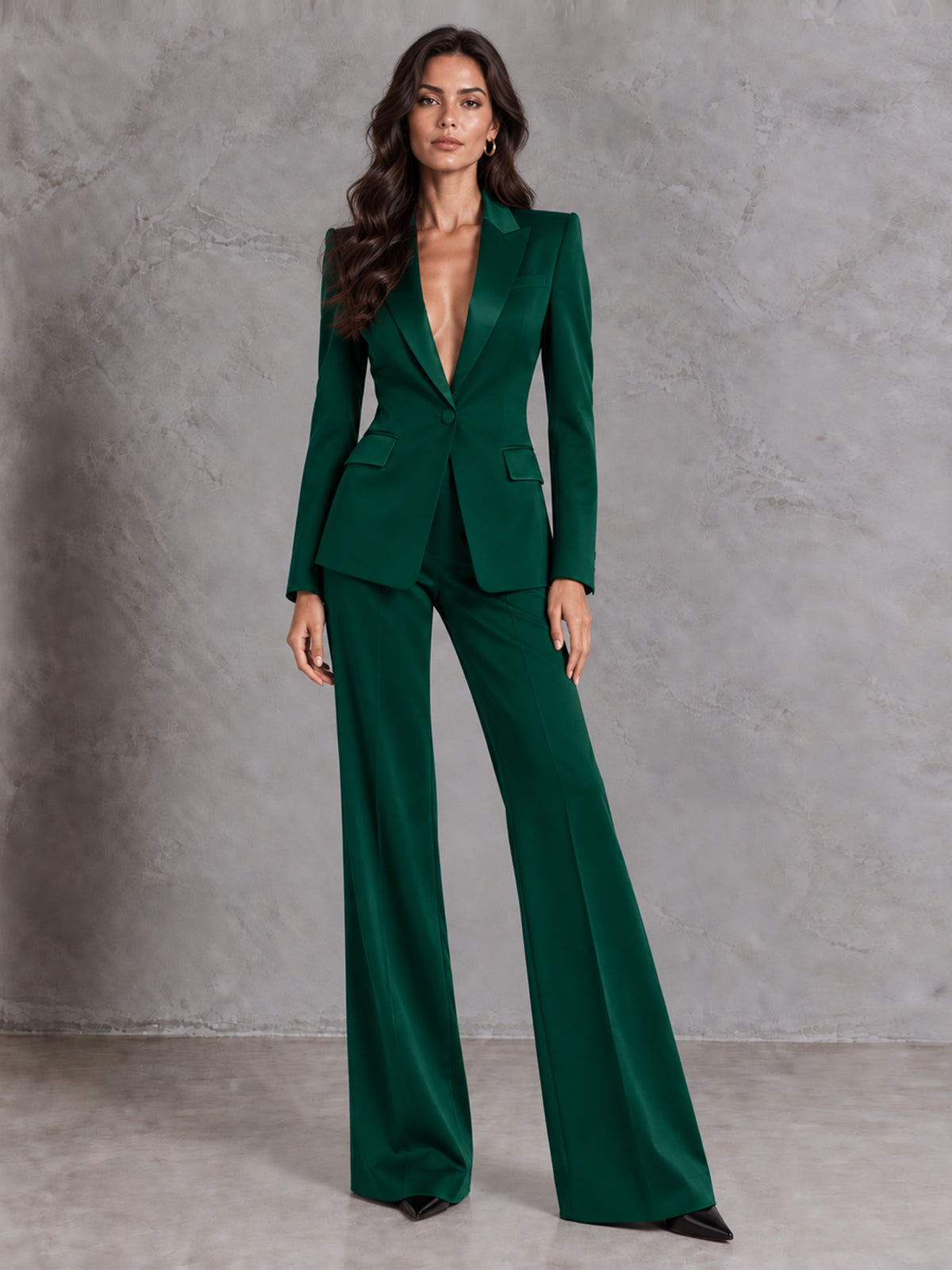 Green Single Breasted Blazer With Peak Lapels And Wide Leg Flared Pants 2-Piece Suit