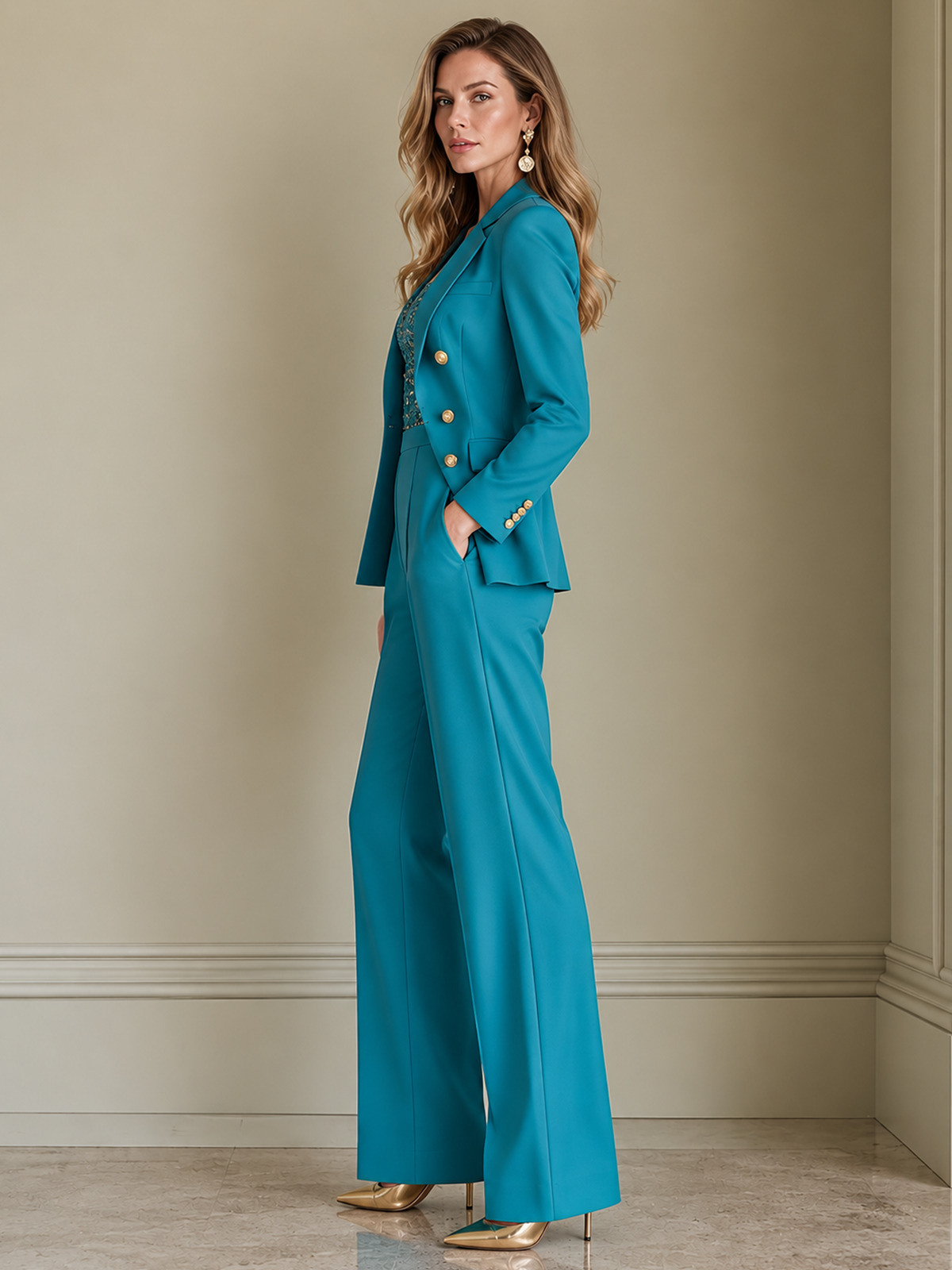 Teal Double Breasted Blazer and Wide Leg Pants 2-Piece Suit