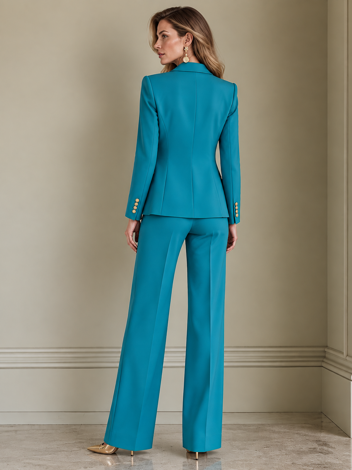 Teal Double Breasted Blazer and Wide Leg Pants 2-Piece Suit