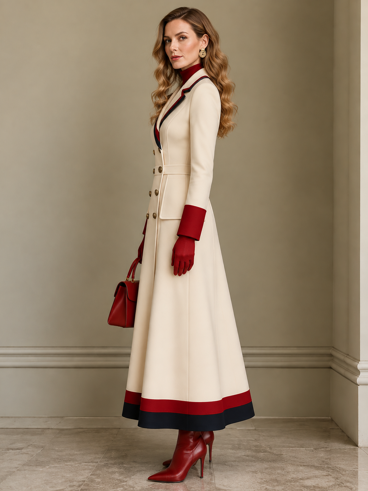 Cream Contrast Trim Long Maxi Blazer Dress
